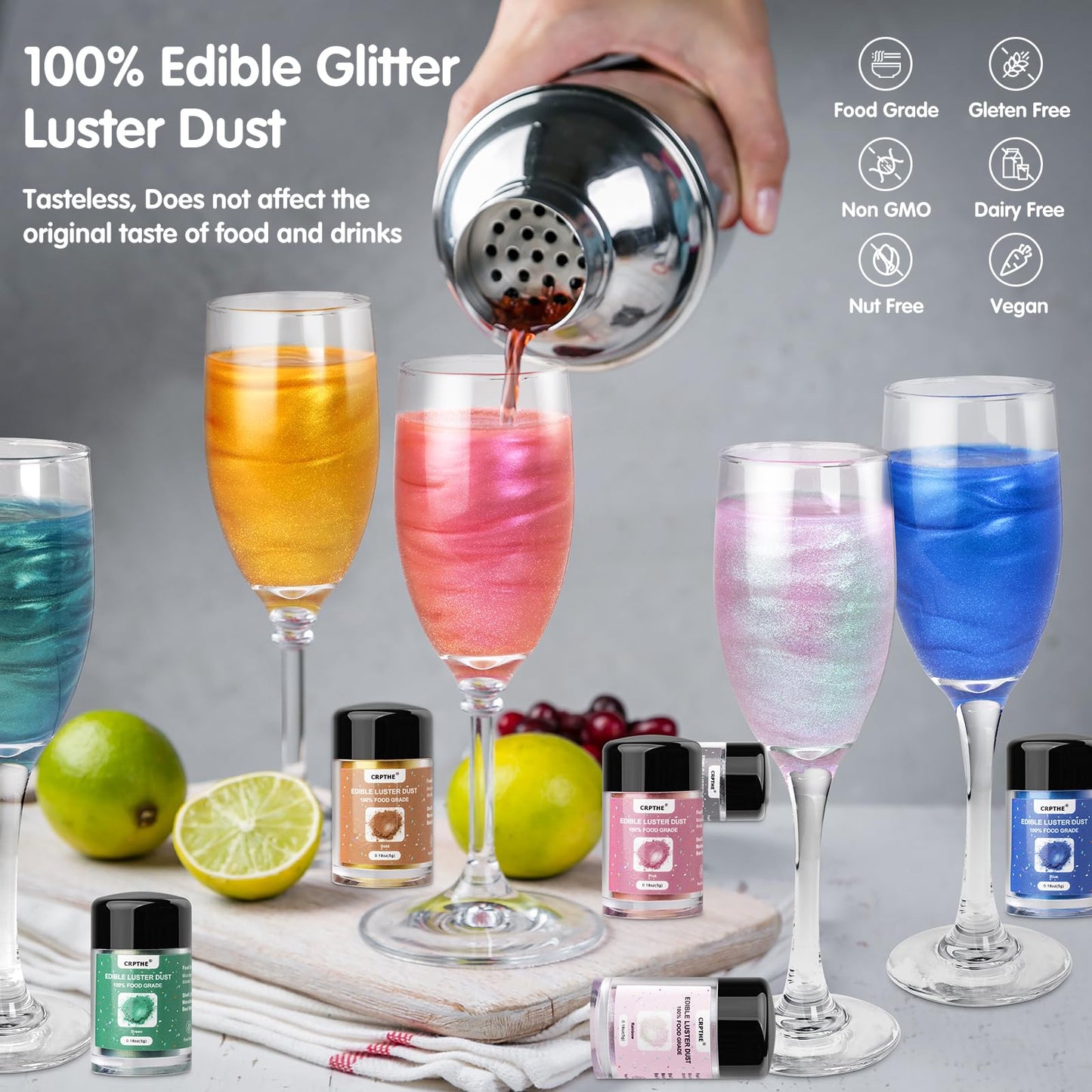 CRPTHE 6 Colors Luster Dust Edible Set, Edible Glitter for Cocktails, Food Grade Glitter Shimmer Sprinkle Powder for Drinks, Baking, Beverages, Cakes, Strawberries, Cookies, Fondant, Vegan(5g/Bottle)