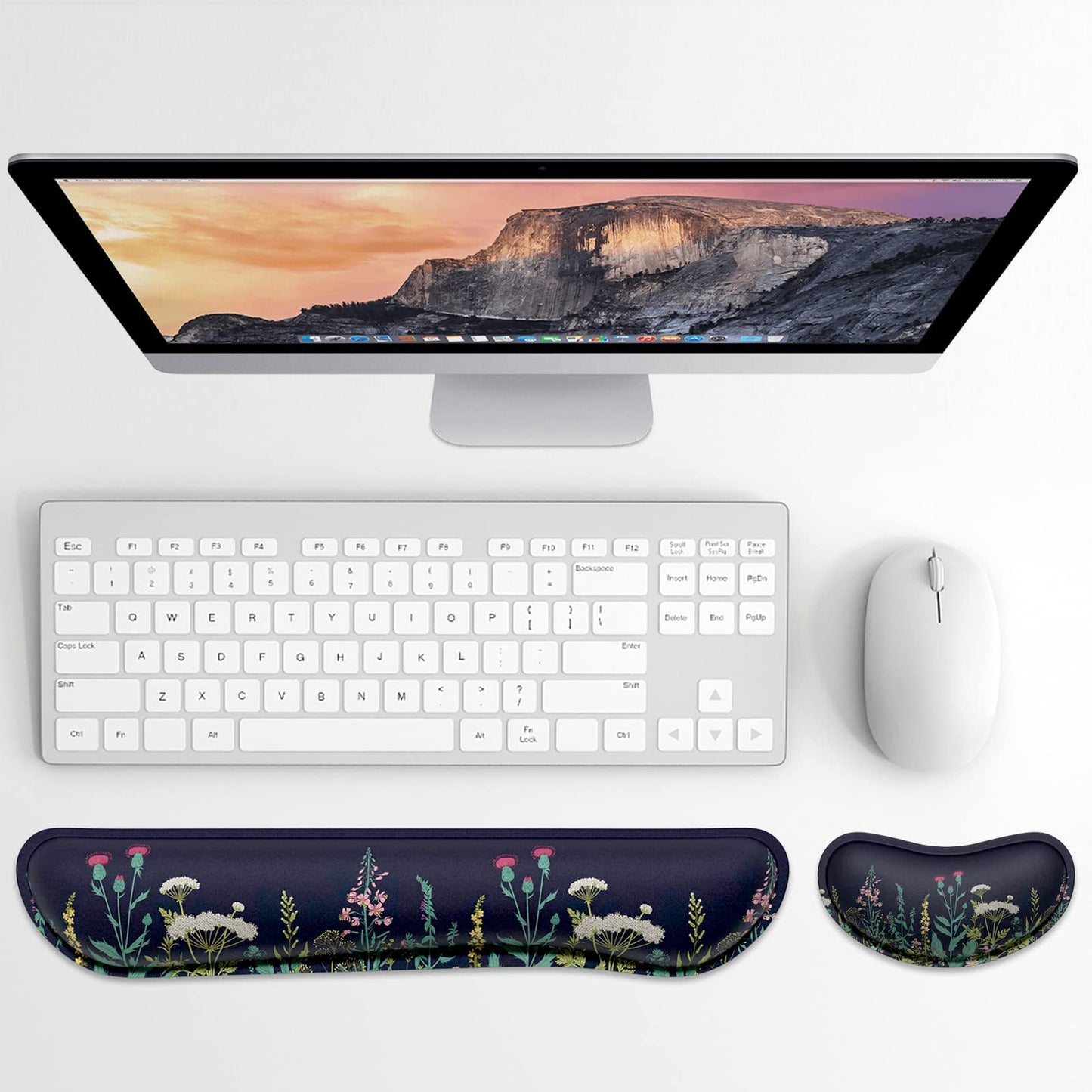Dapesuom Enlarge Keyboard Wrist Rest, Memory Foam Wrist Cushion for Desk Mat Support, Cute Pain Relief Keyboard Mouse Pad Rests Set with Non-Slip Base for Gaming Laptop Office Computer, Elegant Flower