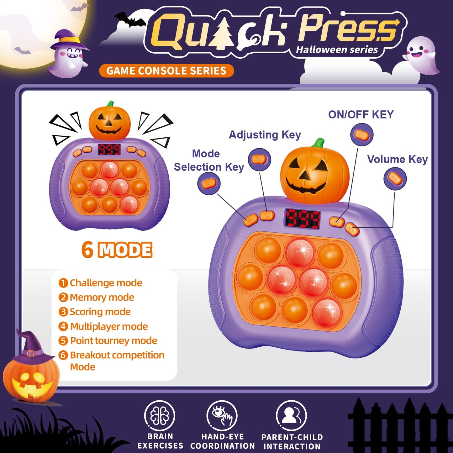 Halloween Pop Game Fidget Toys for Kids and Adults, Quick Push Pop Puzzle Light up Fidget Toy 8-12, Fast Push Bubble Sensory Toys for Kids Ages 3-12