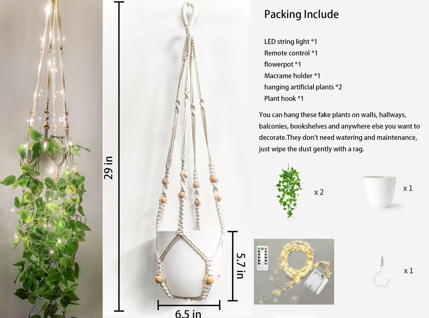 Fake Hanging Plants with Lights Artificial Plants for Home Decor Macrame Plant Hanger with Fake Vines Faux Hanging Planter for Wall Ceiling Bedroom Bathroom Kitchen Office Boho Decor Indoor