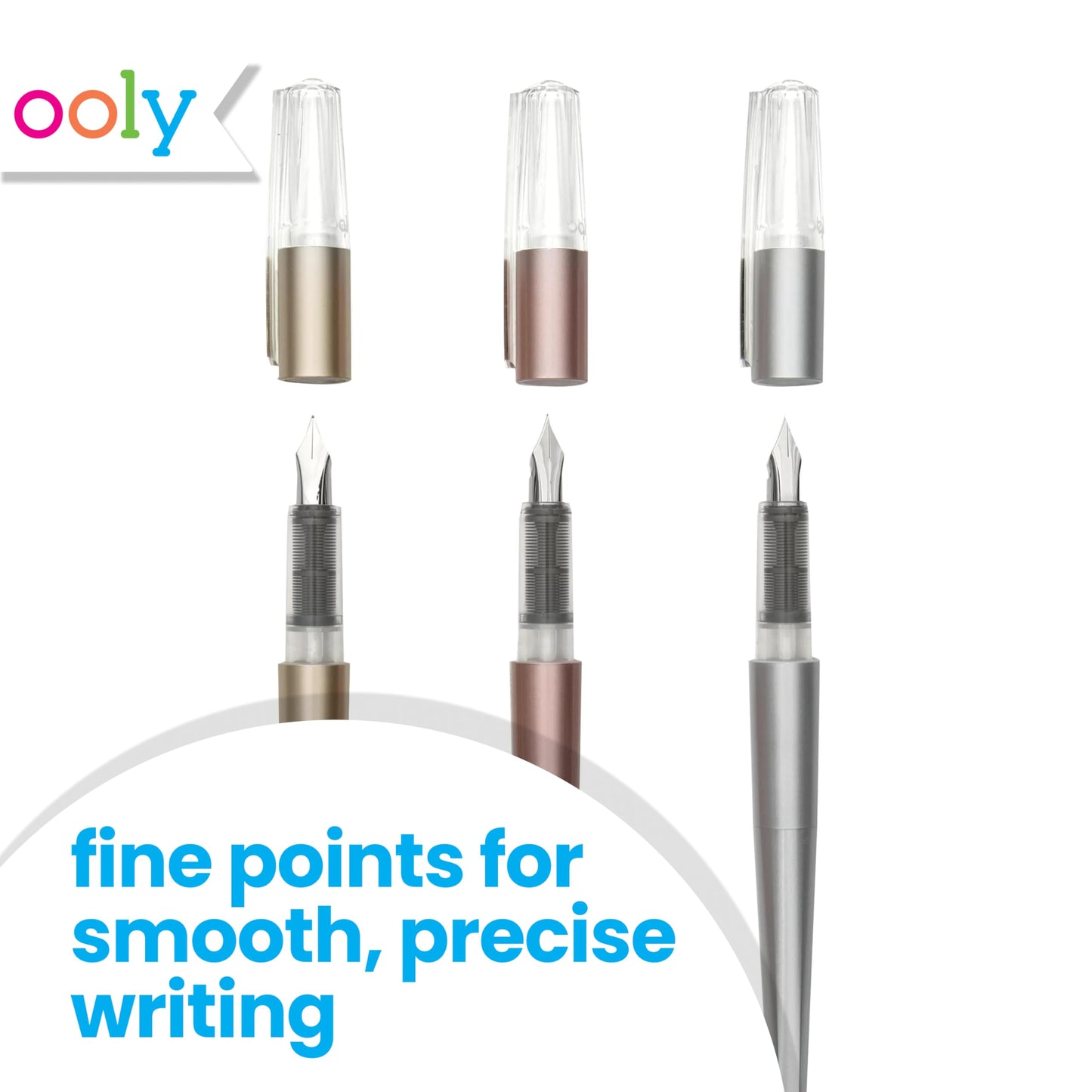 Ooly Modern Script Set - 3 Black Ink Fountain Pens with a 60 Page Journal, Pens are in Metallic Gold, Rose Gold and Silver, Refillable Cartridges - Back to School Supplies