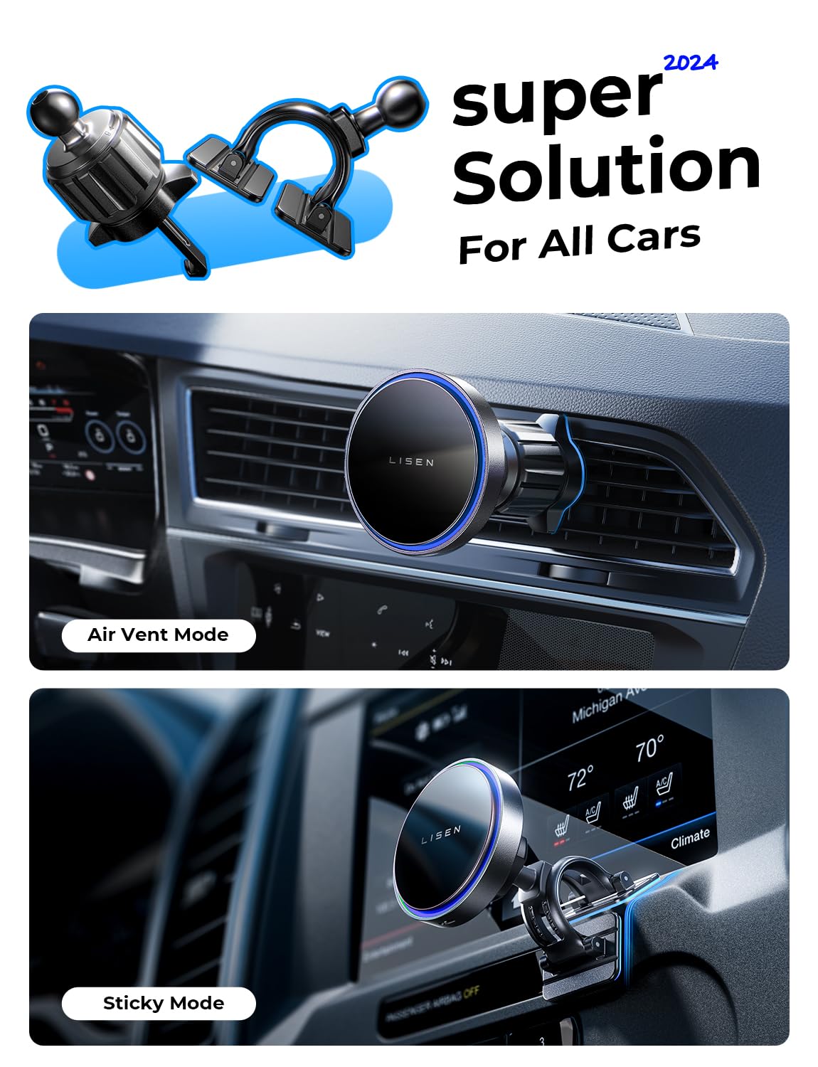 LISEN for 15W MagSafe Car Mount Charger,Magnetic Wireless Car Charger for iPhone 16 Pro Max Accessories,Magnetic Phone Holder for iPhone 16e 15 14 13 12,Samsung with MagSafe,Gifts for Men Women