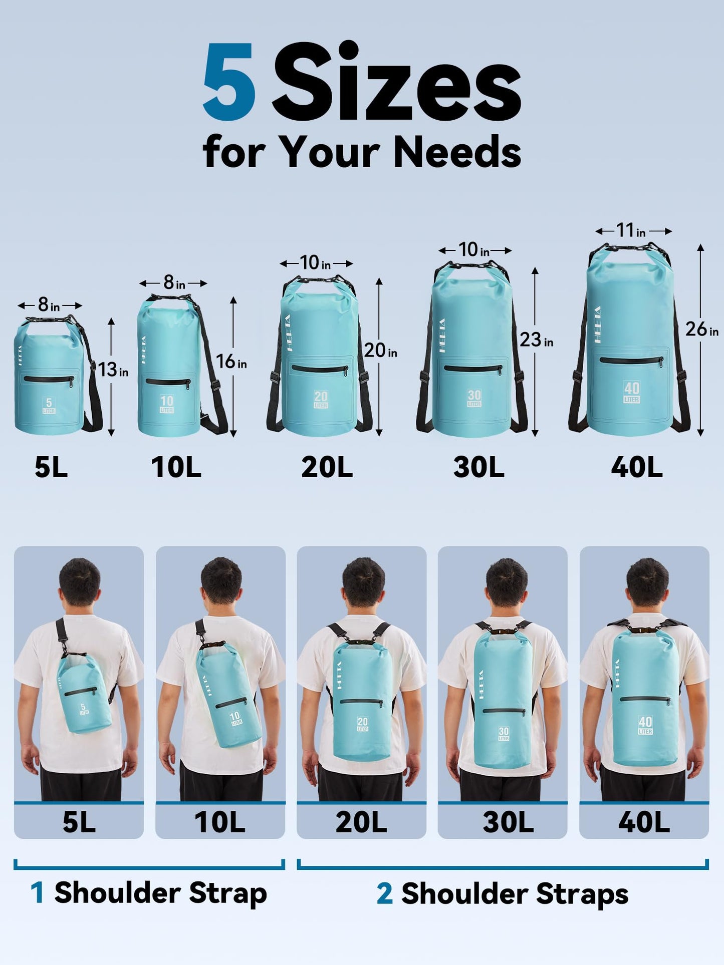 HEETA Waterproof Dry Bag with Front Zippered Pocket for Women Men, 5L/10L/20L/30L/40L Roll Top Lightweight Dry Storage Bag Backpack for Travel, Kayaking, Boating, Rafting, Camping, Beach (Blue, 5L)