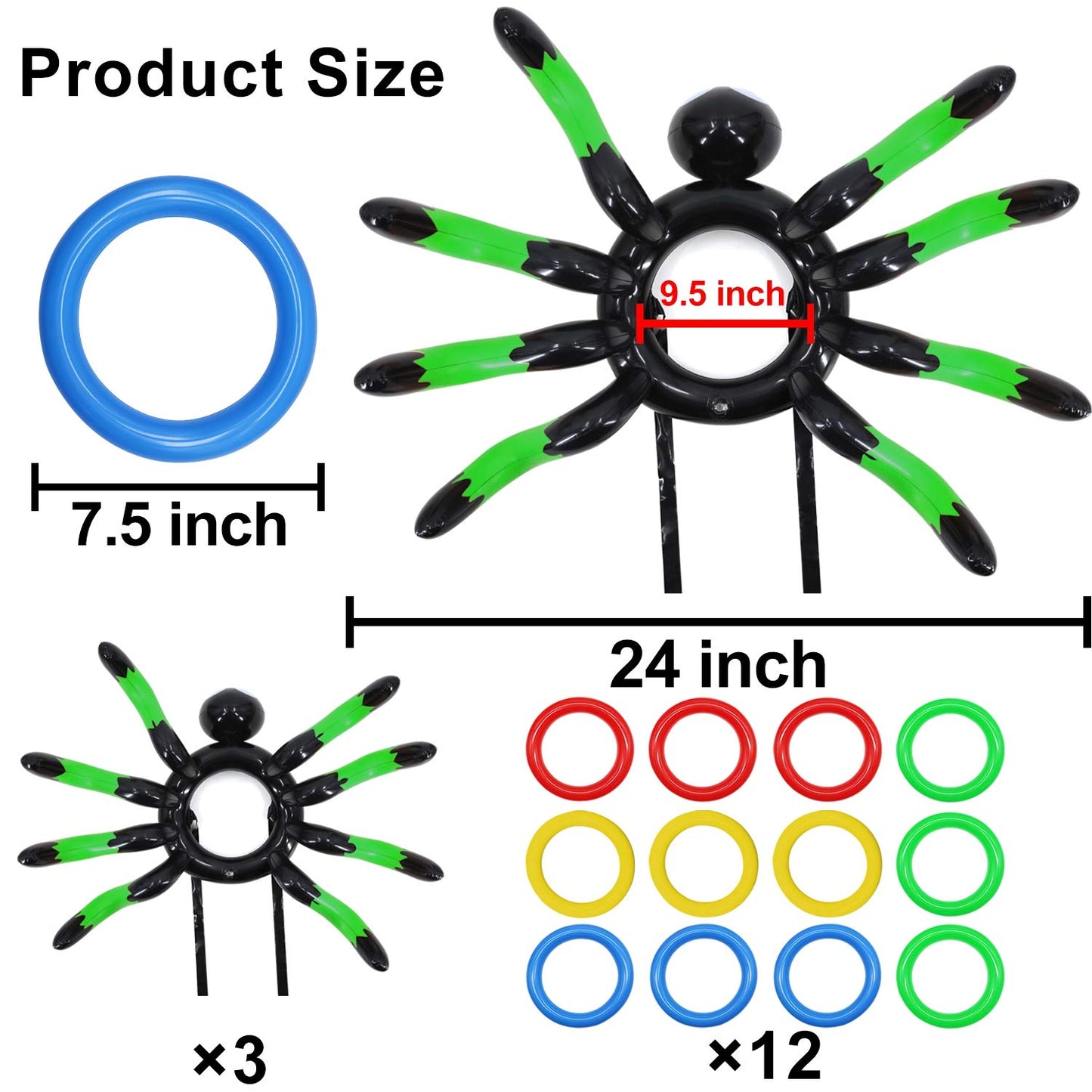 15 Pcs Inflatable Spider Ring Toss Game for Kids Halloween Inflatable Toss Game Party Toys Halloween Games School Carnival Party Supplies Indoor Outdoor Game for Kids Family (3 Spider, 12 Rings)