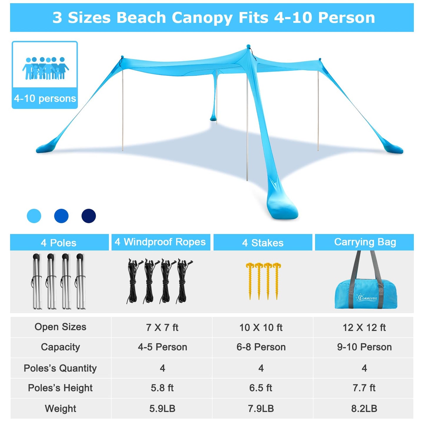 COMMOUDS Beach Tent Sun Shelter - UPF50+ Pop Up Beach Canopy with Sandbags & Sand Shovel & Windproof Poles, Portable Sun Shade for Beach, Camping, Picnics, Backyard (7x7FT)