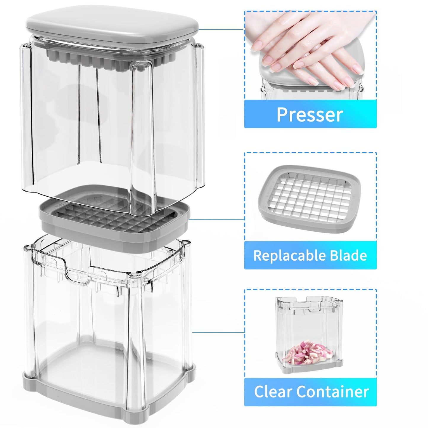 French Fry Cutter 4-in-1 – Potato Cutter for Fries, Onion Dicer, Food Chopper & Apple Slicer – Manual Hand Vegetable Cutter with 4 Blades