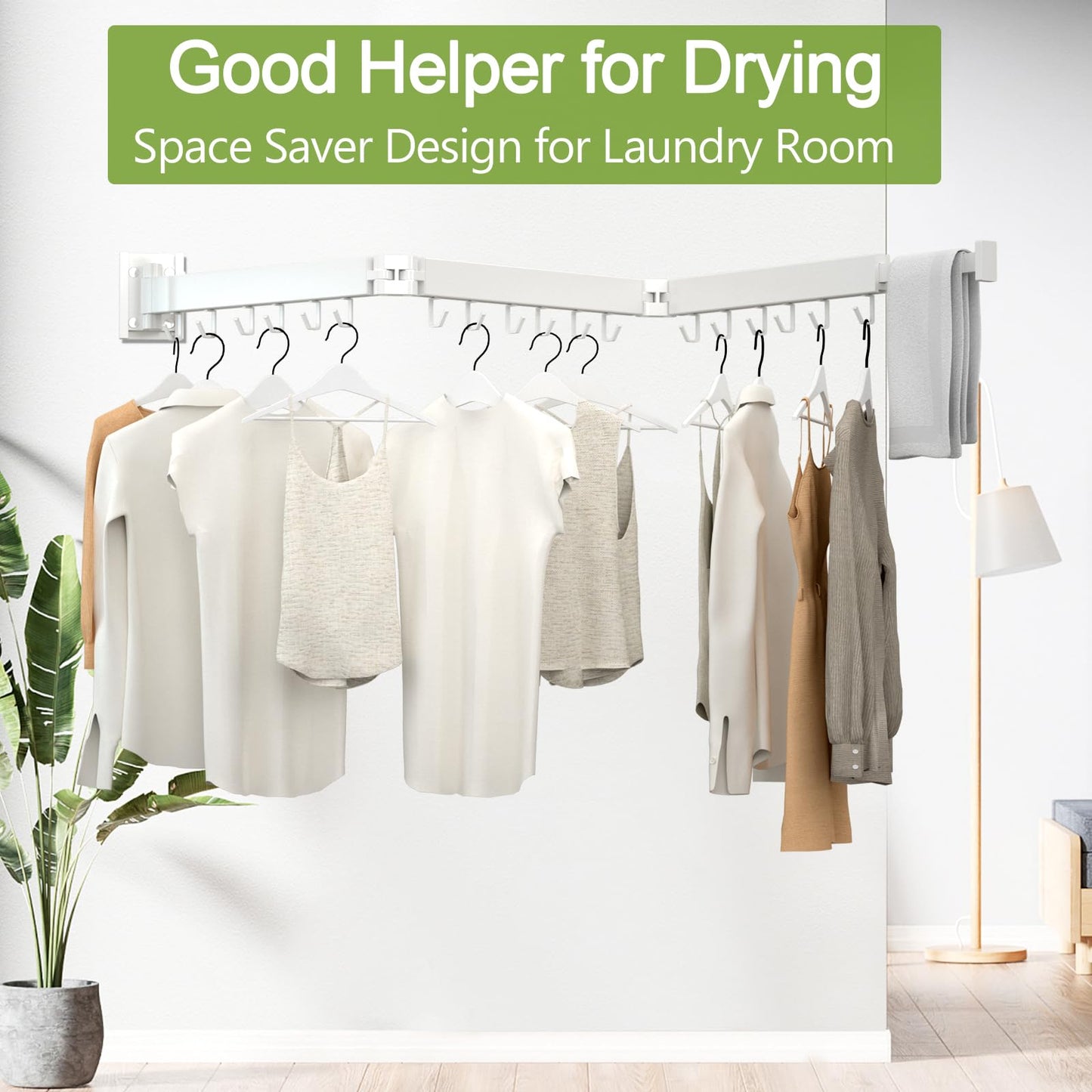 Kelisiting Retractable Clothes Drying Rack,3 Fold White Laundry Drying Rack,Wall Mounted Clothes Hanger,Space Saver,Foldable Durable,for Balcony,Laundry,Bathroom,Patio,Apartment,Dormitory