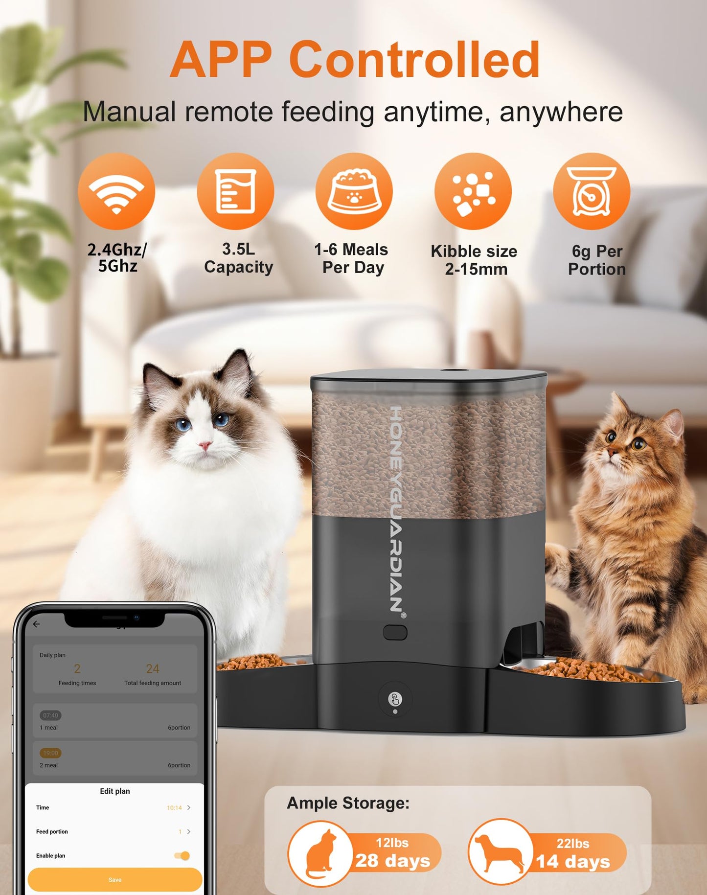HoneyGuaridan Automatic Cat Feeder for Two Cats, 5G WiFi Smart Feed Pet Feeder with Stainless Steel Bowl,APP Control Dispenser, Dual Power Supply,Desiccant Bag,10s Meal Call Black