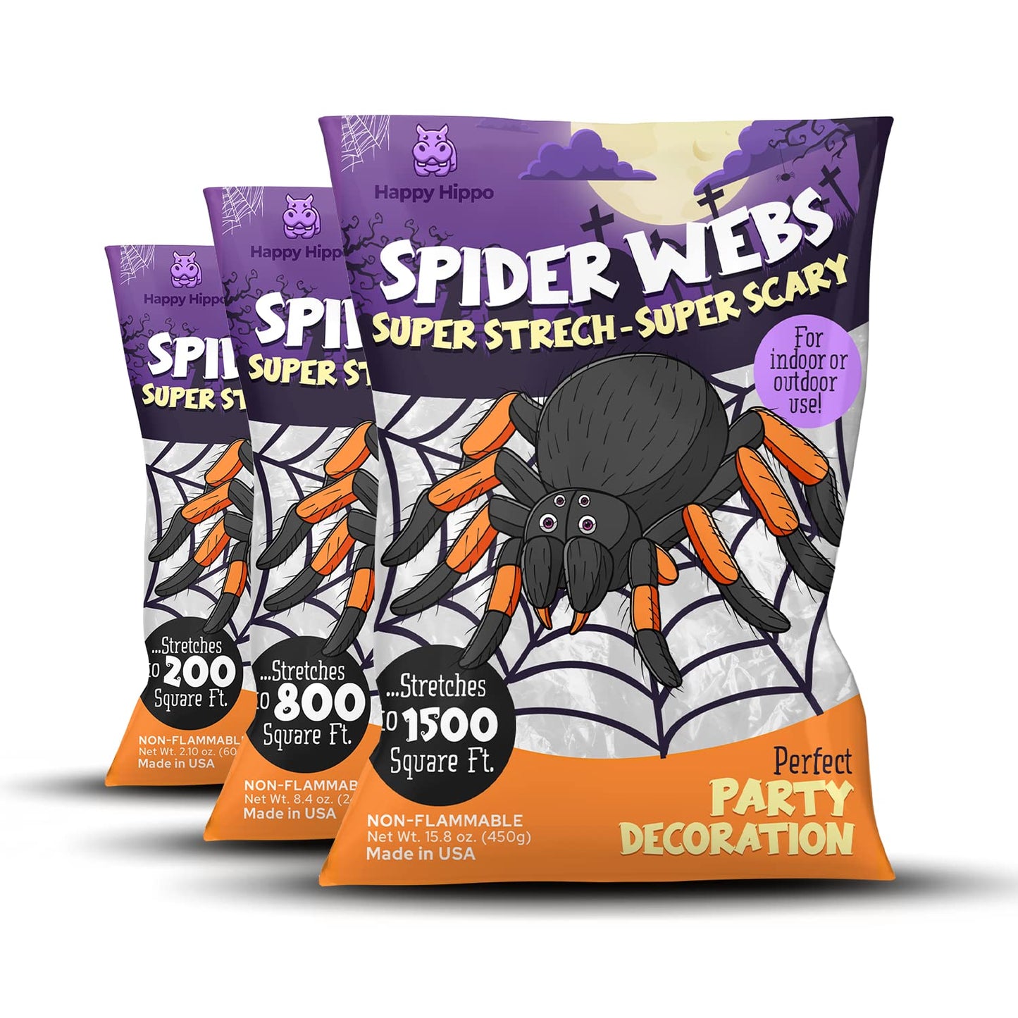 Happy Hippo Halloween Spider Web Decoration, 200 Sqare Feet & Plastic Spiders, Halloween Party Supplies, Spider Webs (Small, 200 Sq Feet) (8 Fake Spiders Included)