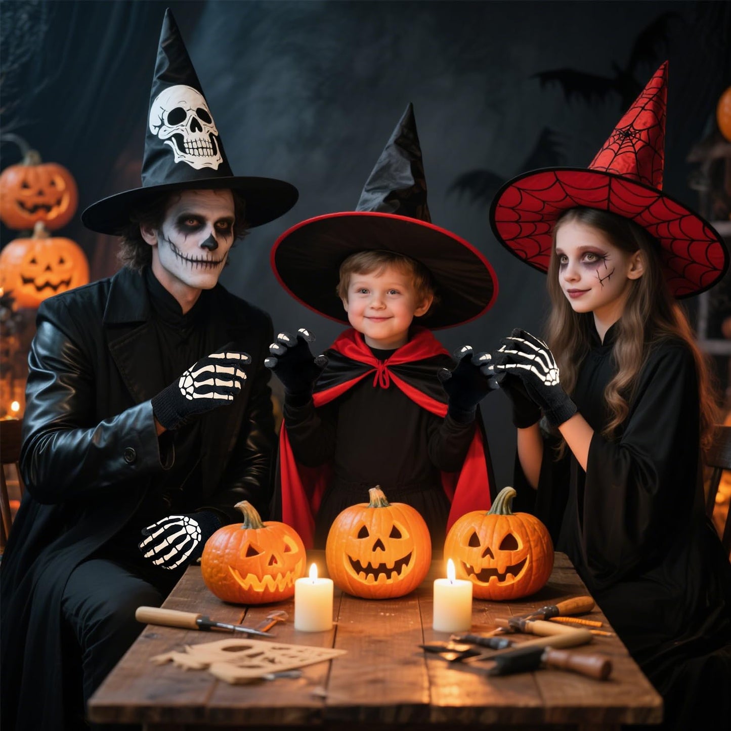 CROSSFINGERS Skeleton Gloves with Touchscreen and Warm for Halloween Cosplay Party and Daily Wears 2 Pairs