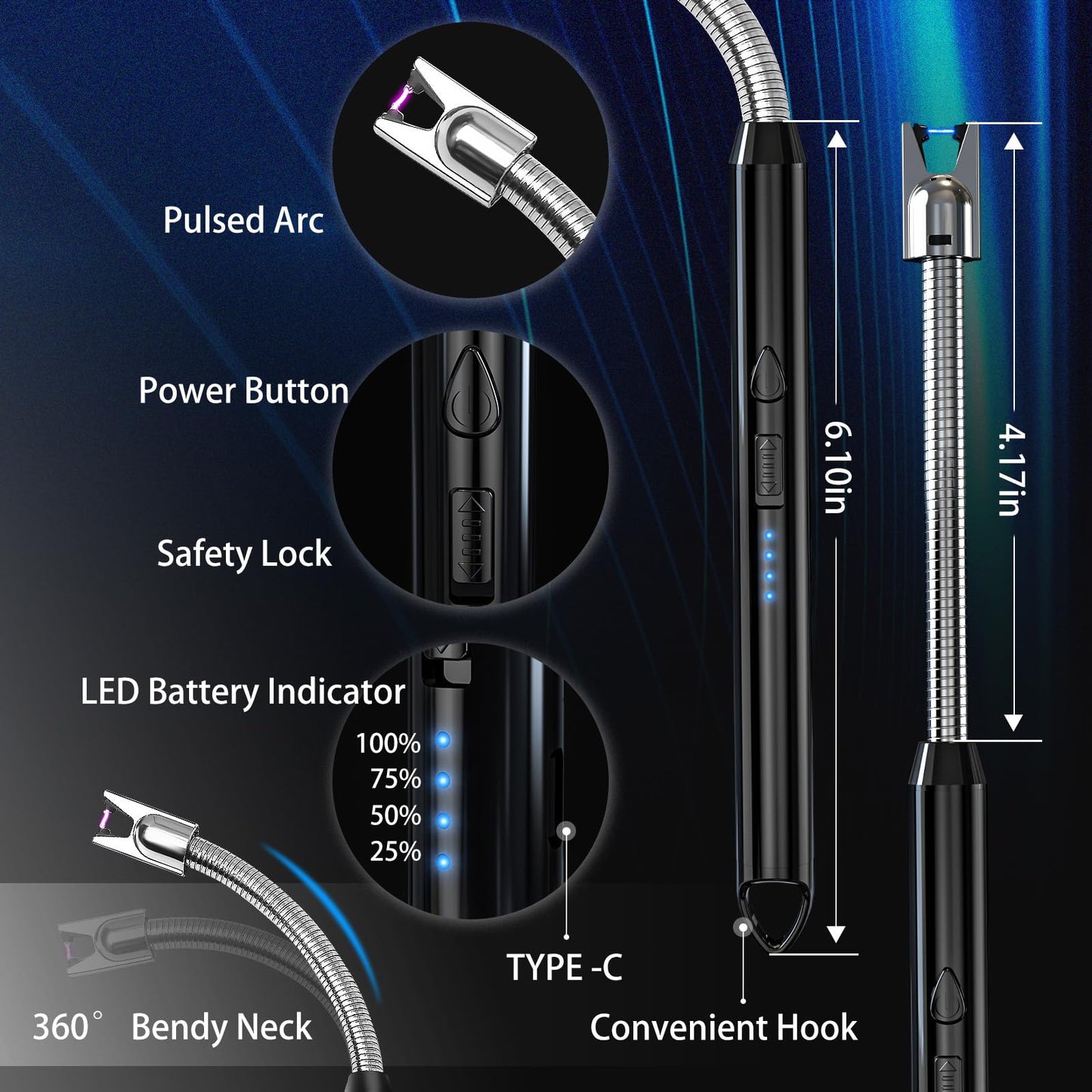 KTEBO® 2 Pack Plasma Arc Electric Lighters Rechargeable - USB Long Reach for Scented Candles, BBQ Grill &Camping - Windproof Design Lighters-Black and Rose Gold