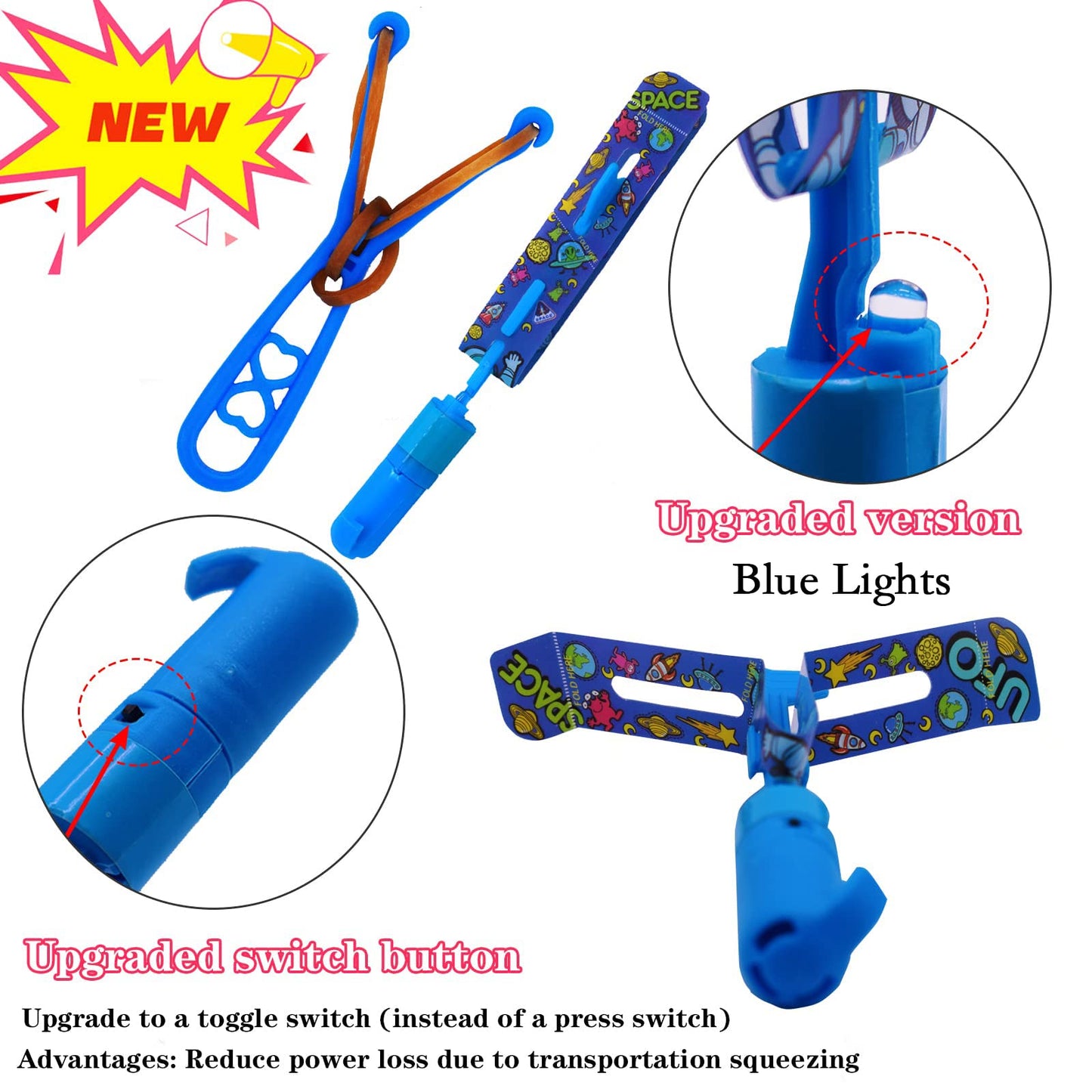 JX Rocket Slingshot Flying Toys with Led Lights,12Pcs LED Arrow Helicopters + 12Pcs Launchers,Summer Outdoor Game LED Slingshot Toy for Kids, Glow in The Dark Kids Party Supplies