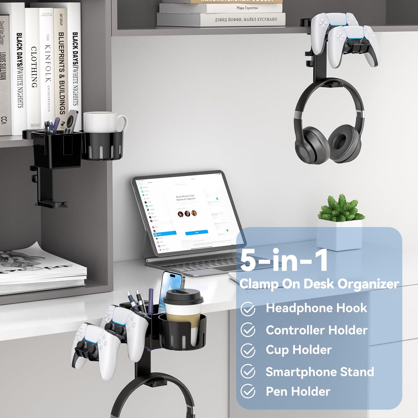 KDD 5 in 1 Desk Controller Holder - Rotating Headphone Hanger with Cup Holder - Clamp On Desk Organizer Holds Controller, Headphone, Cup, Mobile phone and Pen(Black)