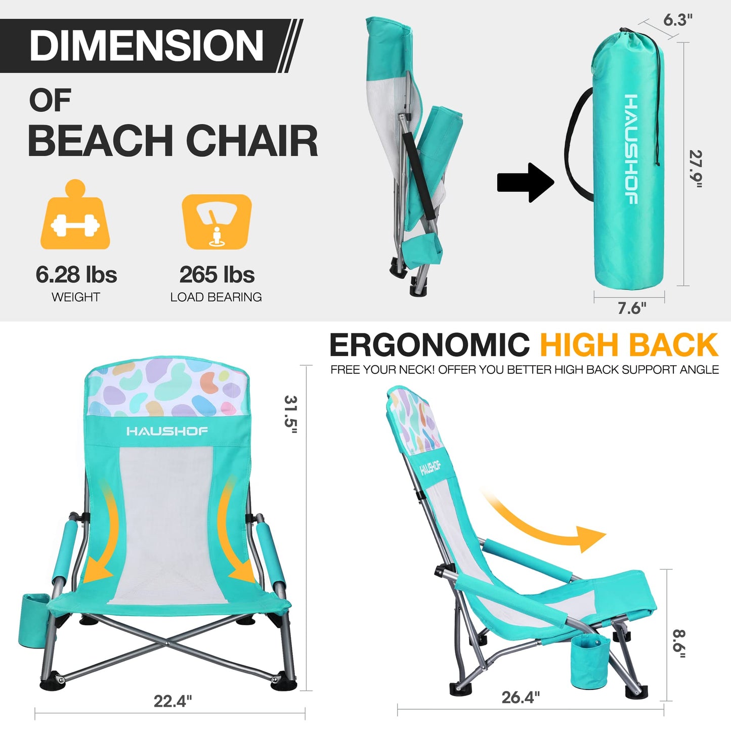 HAUSHOF High Back Beach Chair, Mesh Back Folding Chair, Lightweight Low Seat Camping Chairs with Cup Holder, Carry Bag, Padded Armrest for Outdoor Beach Lawn Camping Picnic Festival