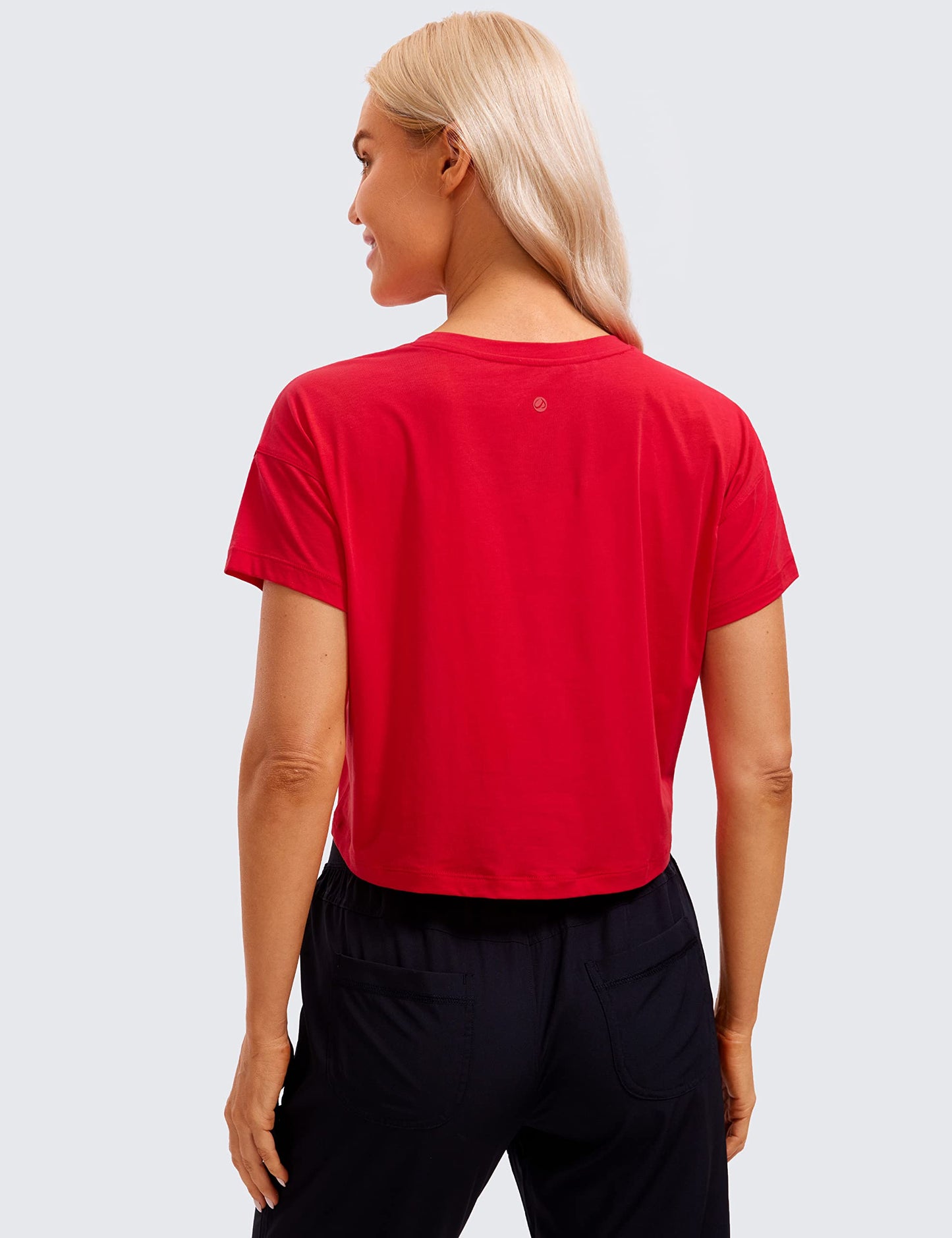 CRZ YOGA Women's Pima Cotton Workout Short Sleeve Shirts Loose Athletic Crop Tops Gym Casual Cropped T-Shirt Festival Red Small