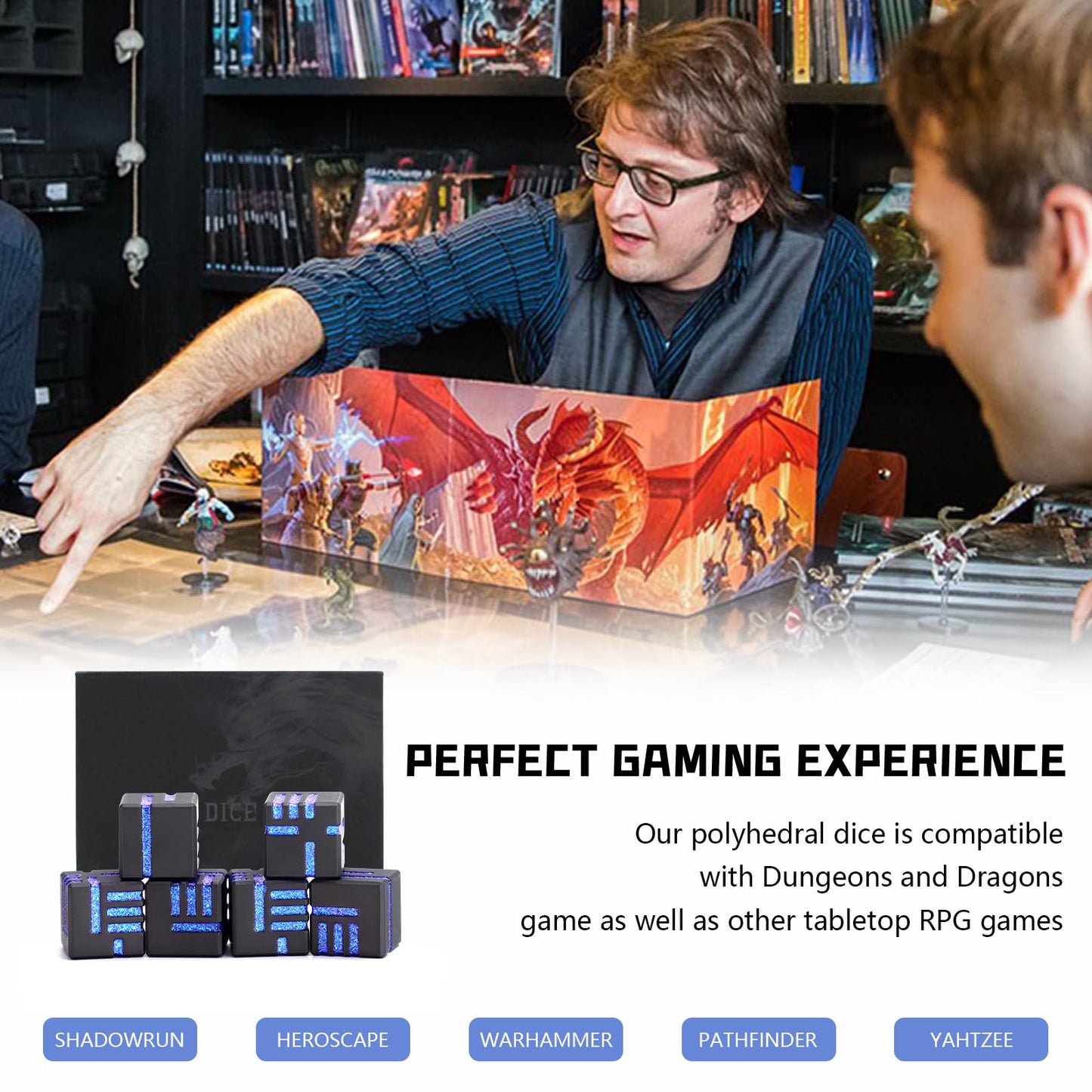 D6 Metal Dice, 16mm 6 Sided Dice Set, ZHOORQI 6Pcs/Set Tech-Themed New Concept Glittery Lines D6 Dice for DND, Tabletop RPGs Gifts(D6-Glitter Blue)