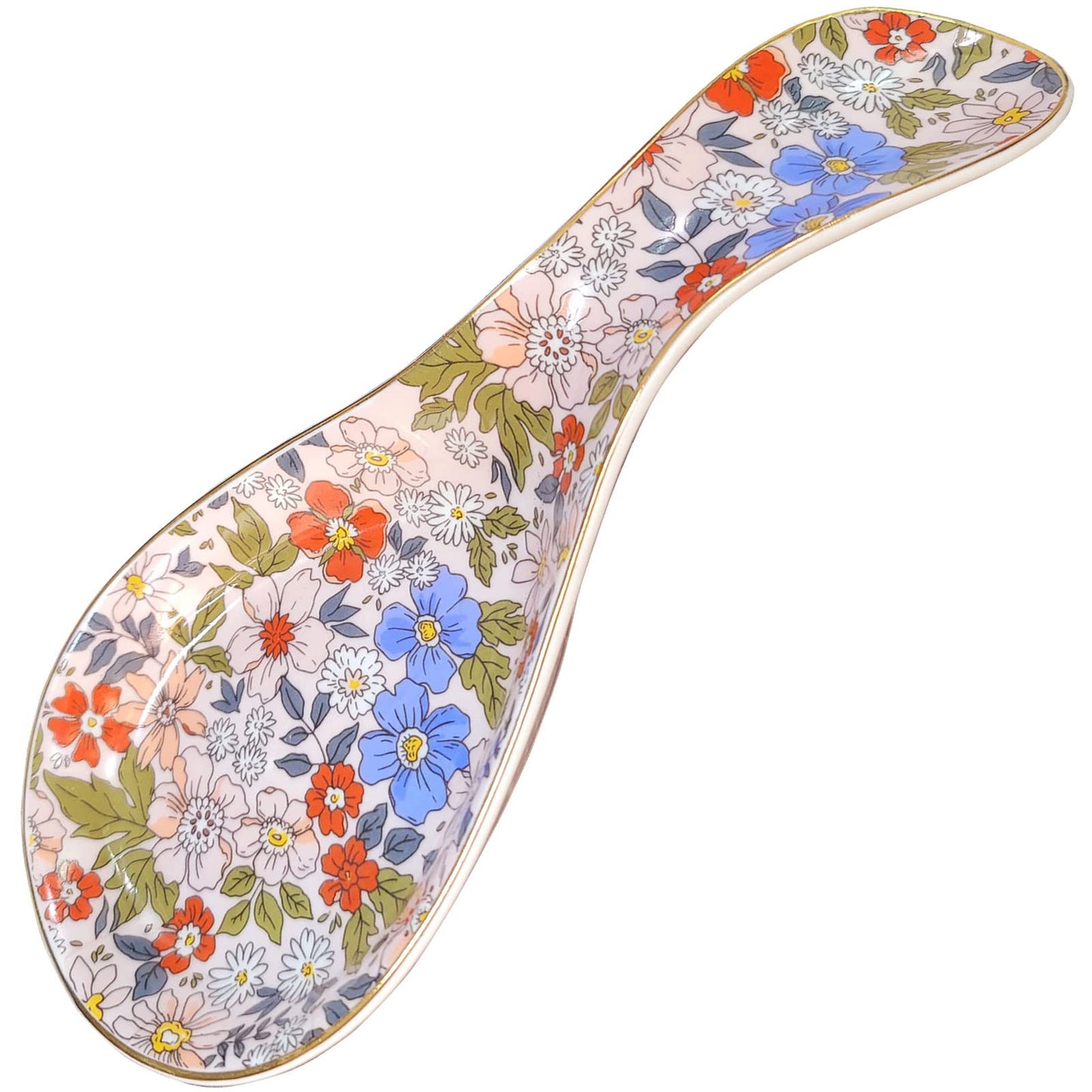 LEAZUL Ceramic Spoon Rest for Stove Top Kitchen Counter Large Spoon Holder Farmhouse Floral Flowers Print Coffee Spoon Cooking Utensil Tools Rest Modern Kitchen Decor