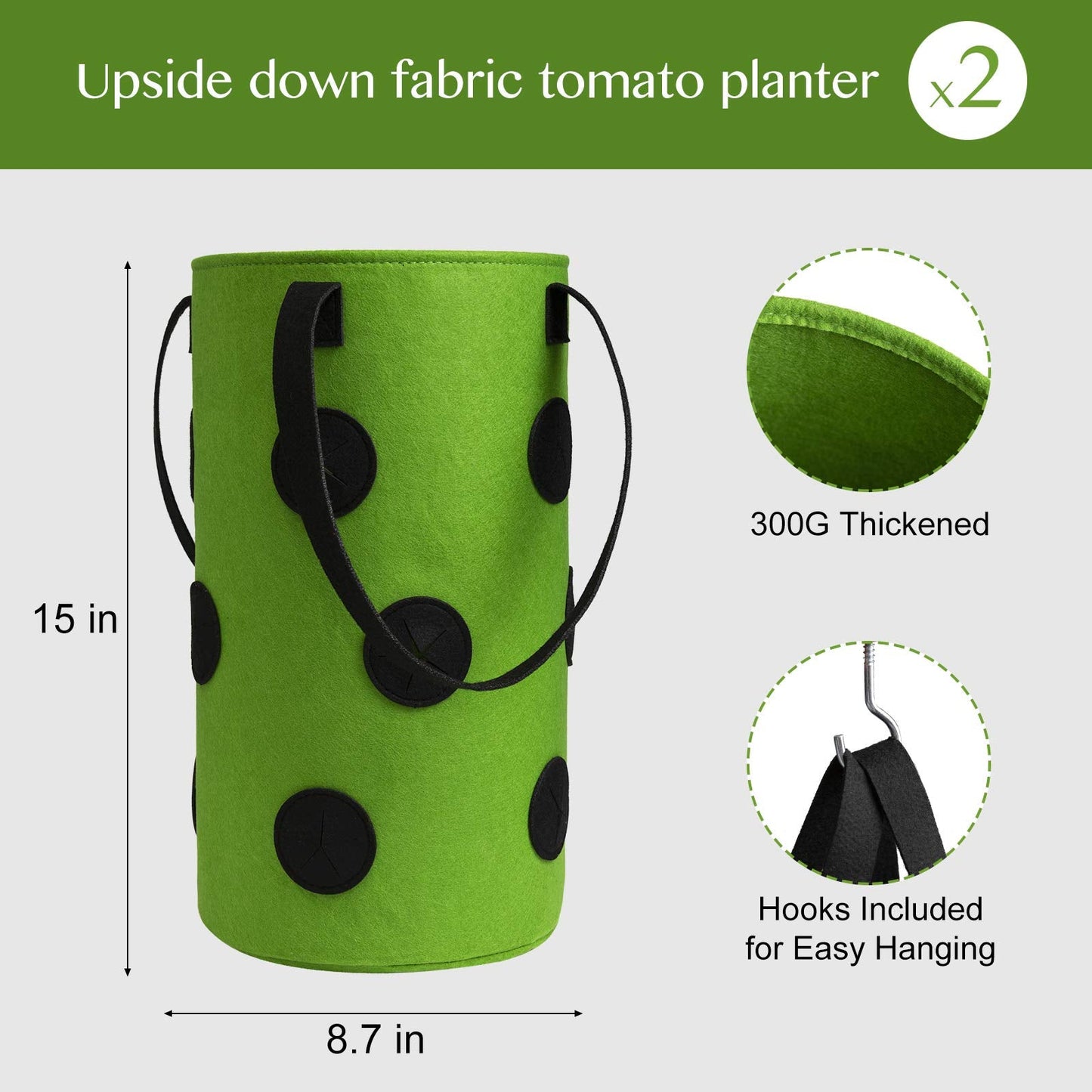 2 Pack Black and Green Upside Down Tomato & Herb Planter, Hanging Durable Aeration Fabric Strawberry Planter Bags