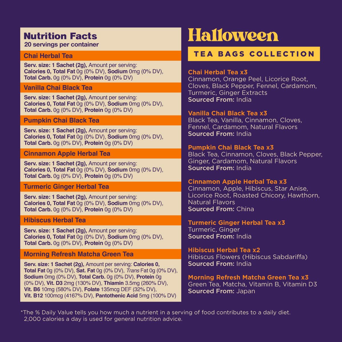 Gya Tea Co Halloween Tea Collection Autumn Tea Variety Pack, Caffeinated & Caffeine Free Holiday Gift Sampler Blends - 7 Flavors, 20 Bags Total - Easy Brew, Natural Quality Ingredients