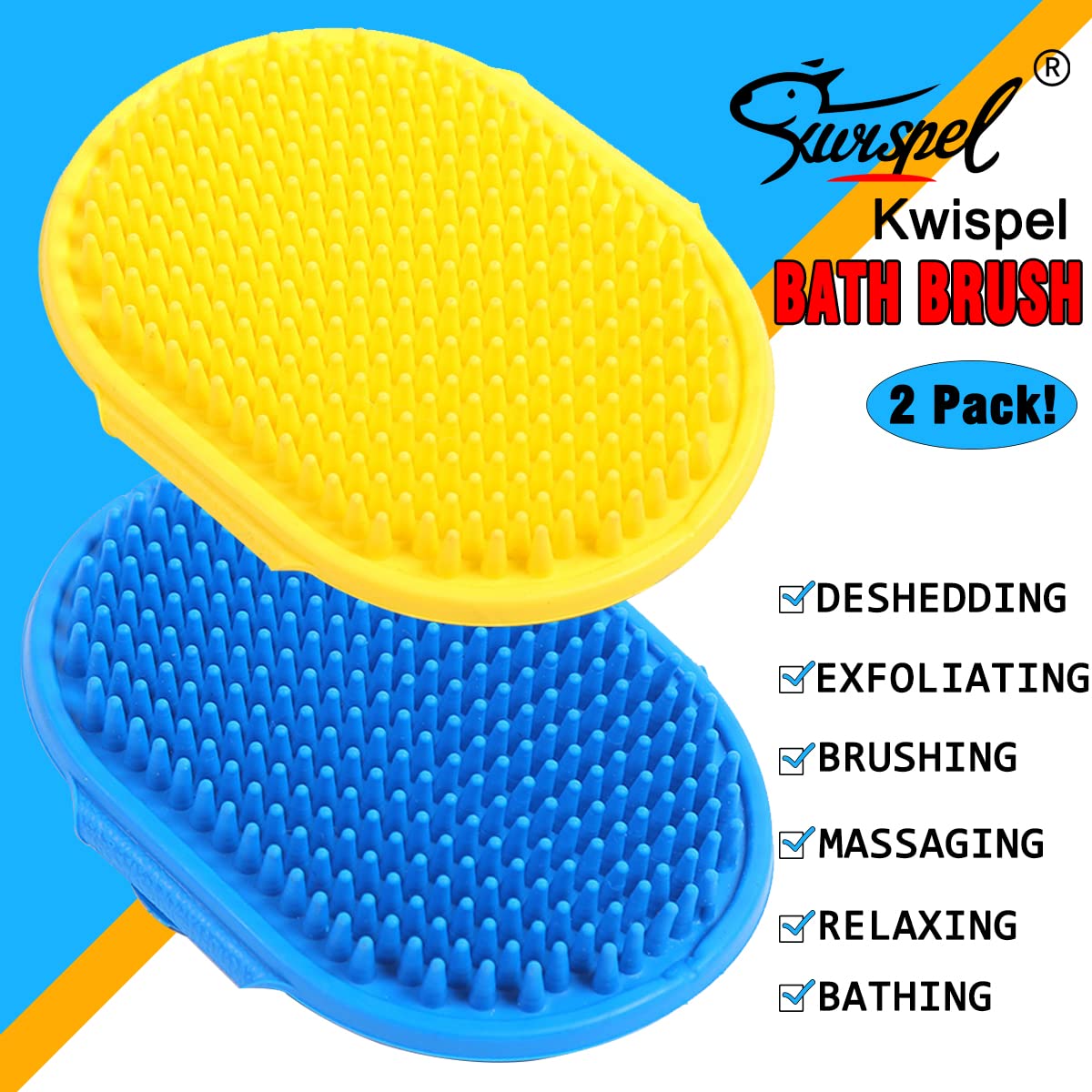 Kwispel Dog Grooming Brush, Pet Shampoo Bath Brush Shedding Soothing Massage Rubber Comb with Adjustable Ring Handle for Long Short Haired Dogs and Cats 2pcs