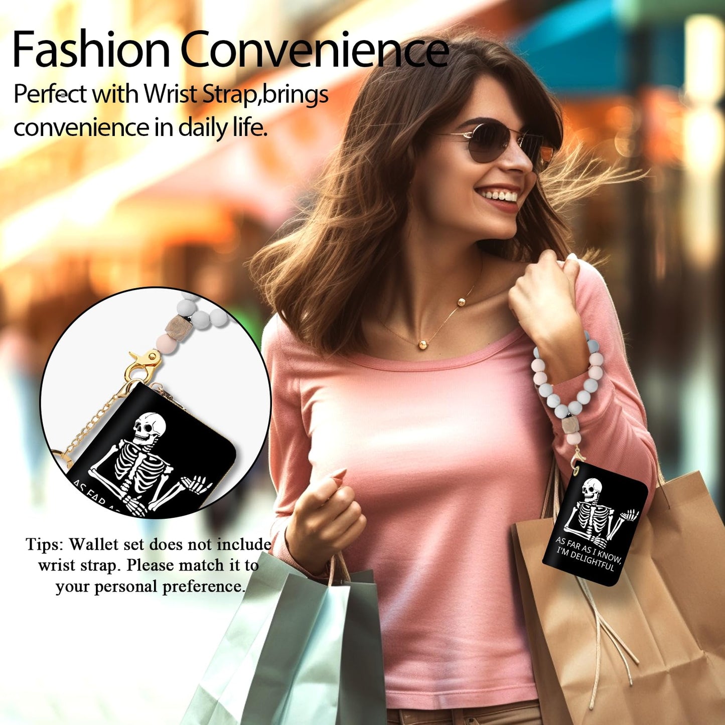 Credit Card Holder RFID Wallet, Funny Skeleton Card Holder Wallet for Women with Keychain Zipper, Small Gothic Leather Print Credit Card Wallets Accordion Gift