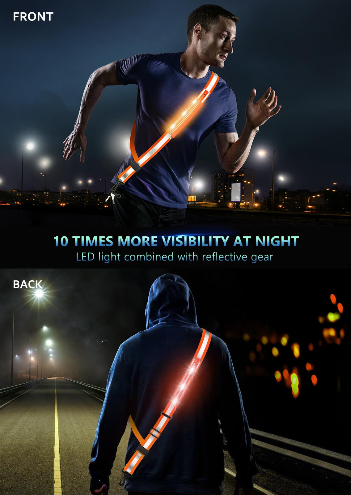 Fokia Kunbio LED Reflective Belt Sash for Walking at Night, Night Running Safety Gear High Visibility Rechargeable LED Light Up Running Belt for Runners Walkers Men Women