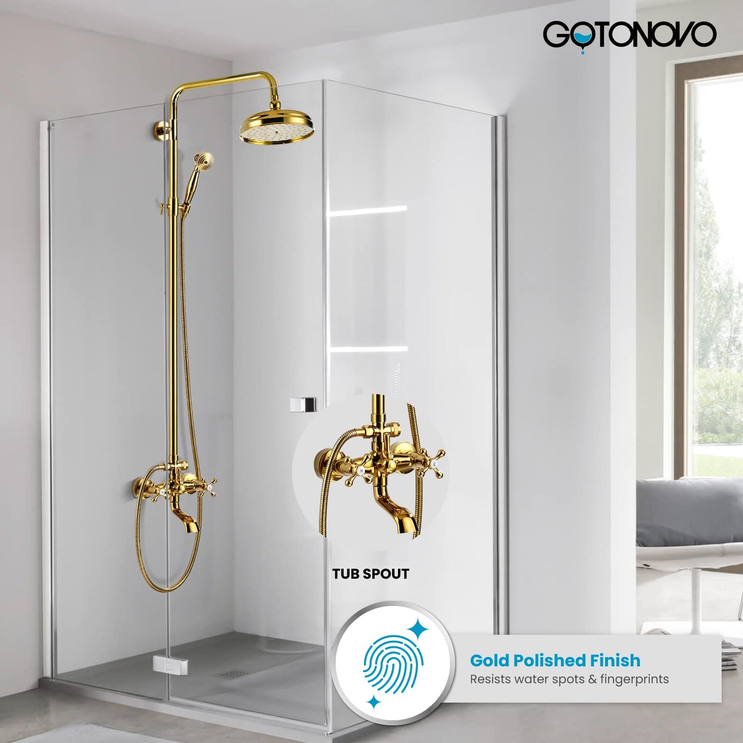 gotonovo Bathroom Shower Faucet Rain Mixer 8 Inch Round Shower Head Double Cross Handle with Tub Spout Wall Mount Bathroom Shower Fixtures 3 Function Metal Handheld Sprayer Polished Gold