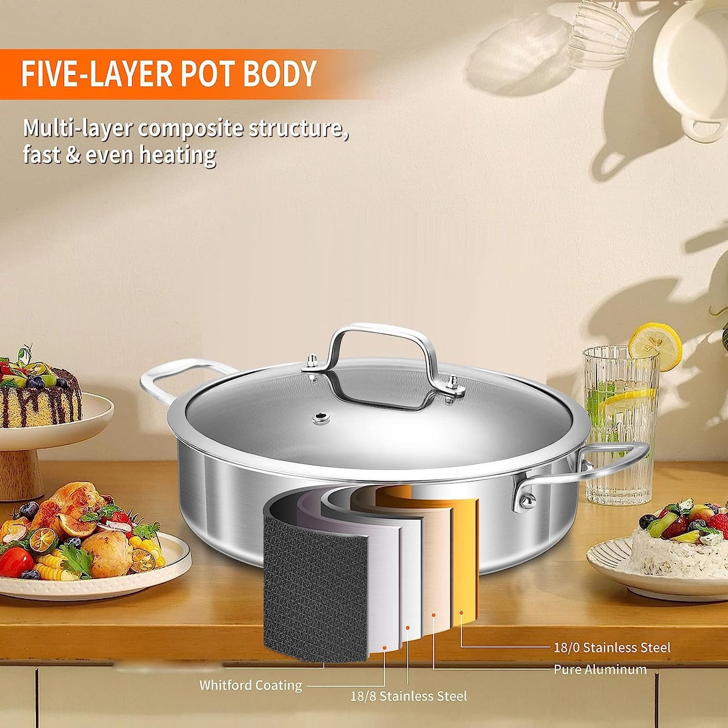 DELARLO Frying Pan,12 inch Skillet with lid,Tri-Ply Stainless Steel Saute Pan 6QT,Dishwasher-Friendly,Stay-Cool Handles,Oven-Safe Up to 660℉