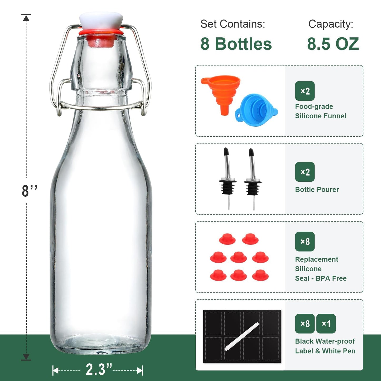 8-Pack 8.5oz Flip Top Glass Bottles, Swing Top Beer Brewing Bottle for Fermentation, Kombucha, Kefir, Vanilla Extract, Coquito, Juice, Soda, Tea - Airtight Stopper Cap Lid, Bonus 2 Bottle Pourers