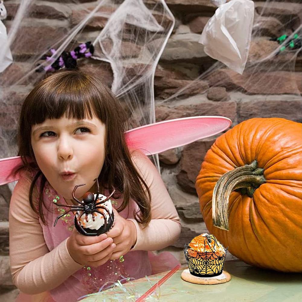 Cupcake Wrappers, Giveme5 Pack of 50 Halloween Party Spiderweb Laser Cut Paper Cupcake Wrappers Wraps Liners Black (50 Pack)