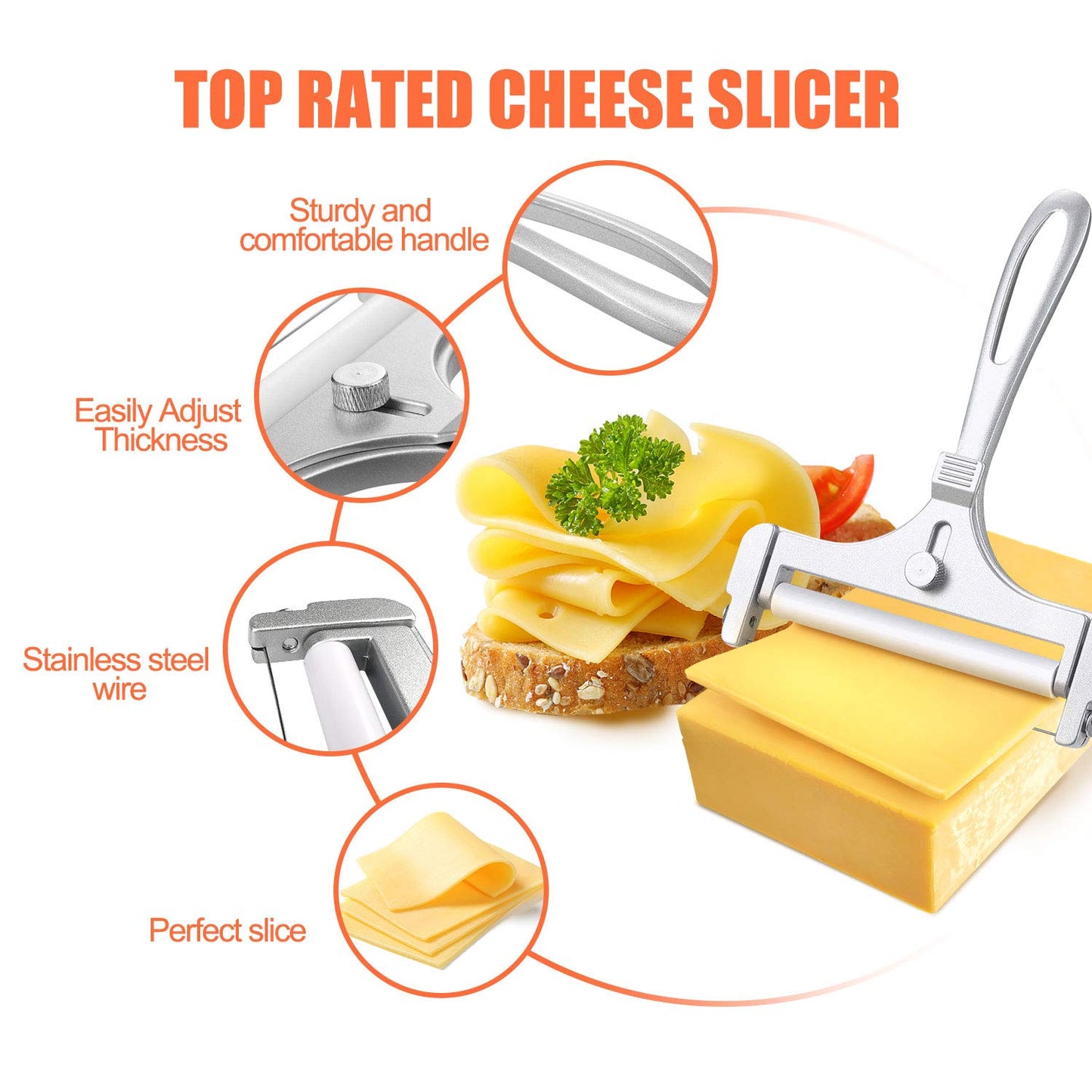 2 Pieces Stainless Steel Wire Cheese Slicer with Cheese Plane Tool, Adjustable Thickness Cheese Cutter for Soft, Semi-Hard, Hard Cheeses Kitchen Cooking Tool, Grey