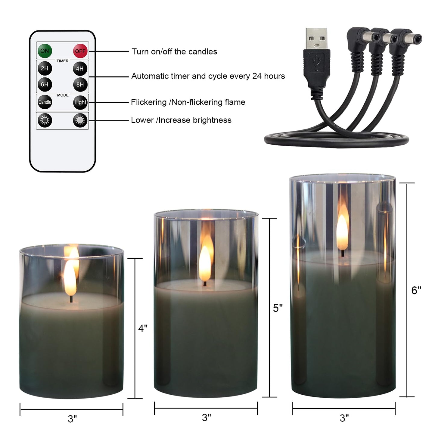 GenSwin Rechargeable LED Flameless Flickering Glass Candles with Remote Timer, Battery Operated Pillar Candles Long Lasting Grey Real Wax USB (D 3”×H 4”5”6”)
