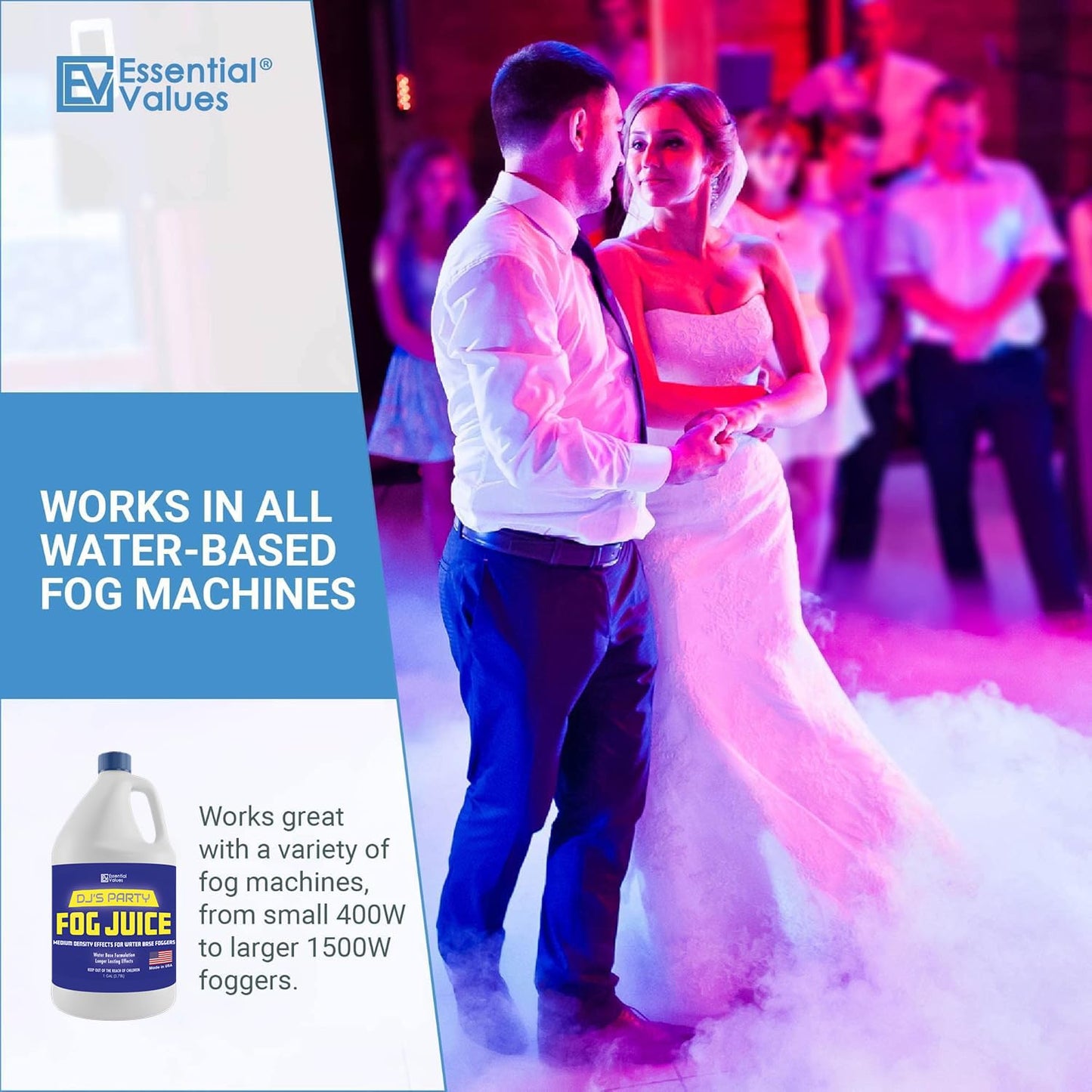 Essential Values Fog Machine Fluid 3.78 litres - Fog Juice Long-Lasting Medium Density Fog for Water Based Foggers, Perfect for 400 Watt to 1500 Fog Machines - Outdoor or Indoor