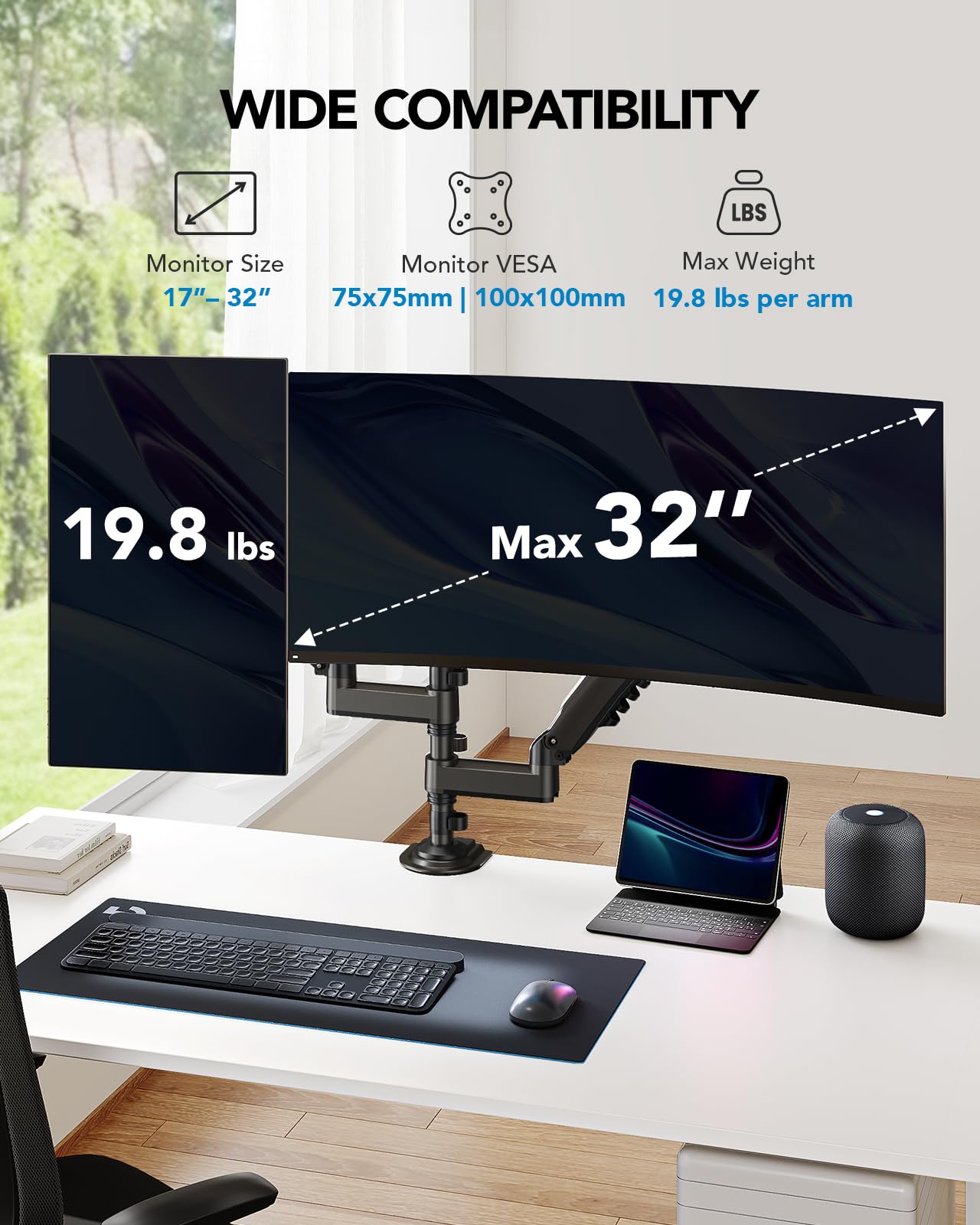 HUANUO 17-32 Inch Dual Monitor Stand, Gas Spring Dual Monitor Mount, Monitor Stand 2 Monitors, Ergonomic Adjustable Tilt/Swivel/Rotate, Weight Max 19.8 lbs, VESA 75/100mm