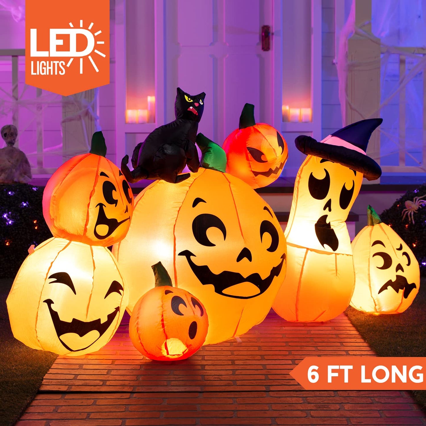 Joiedomi 6 FT Long Halloween Inflatable Outdoor Decorations, Pumpkin Blow Up Yard Decorations, 7 Pcs Inflatable Pumpkin for Outside with Witch's Cat with Build-in LEDs for Halloween Decor