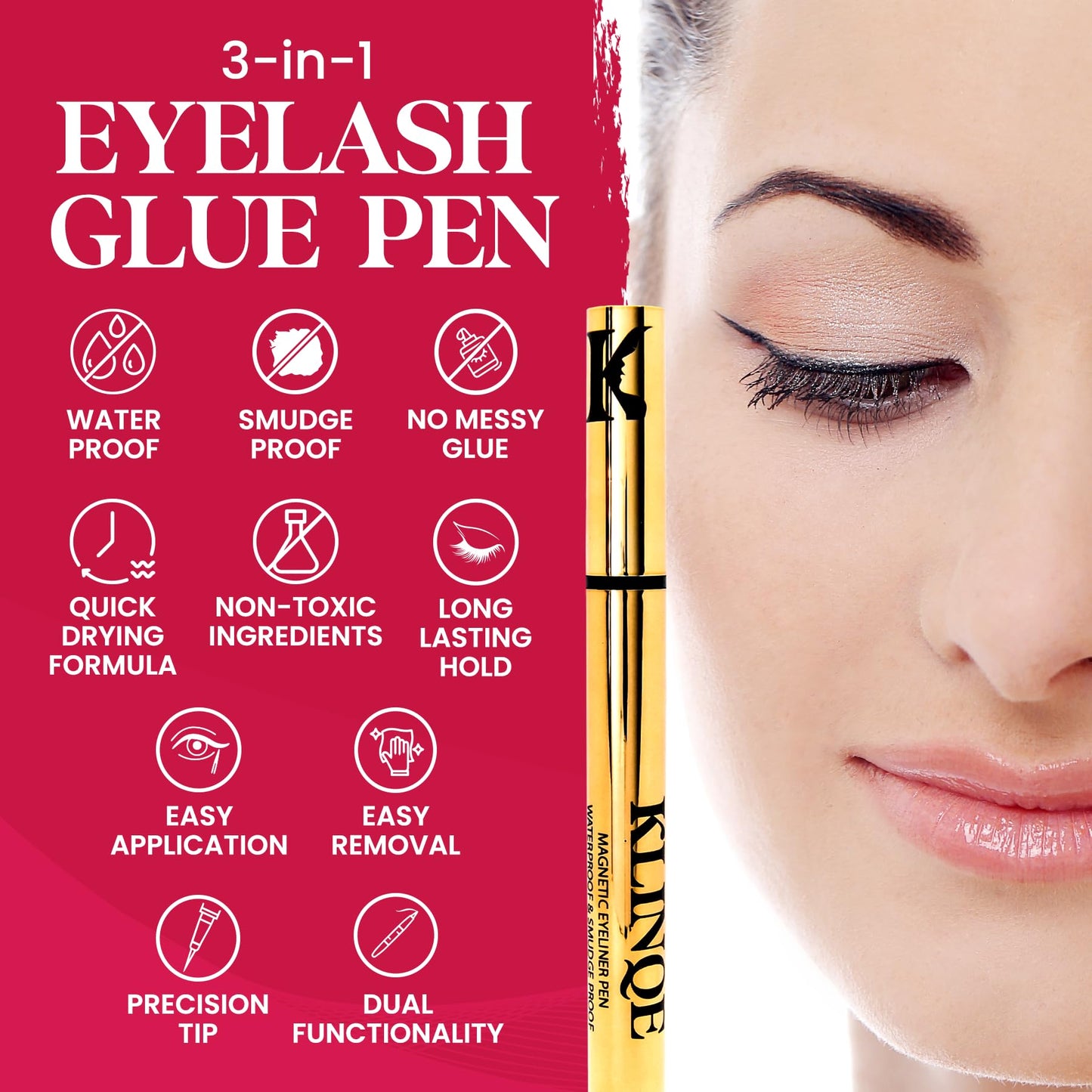 KLINQE Black Eyeliner Eyelash Glue Liner, Latex Free Lash Adhesive, Strong Hold, Glue Pen For Strip Lash, Magnetic Eyelashes, Smudge Proof, Eye Jewelry