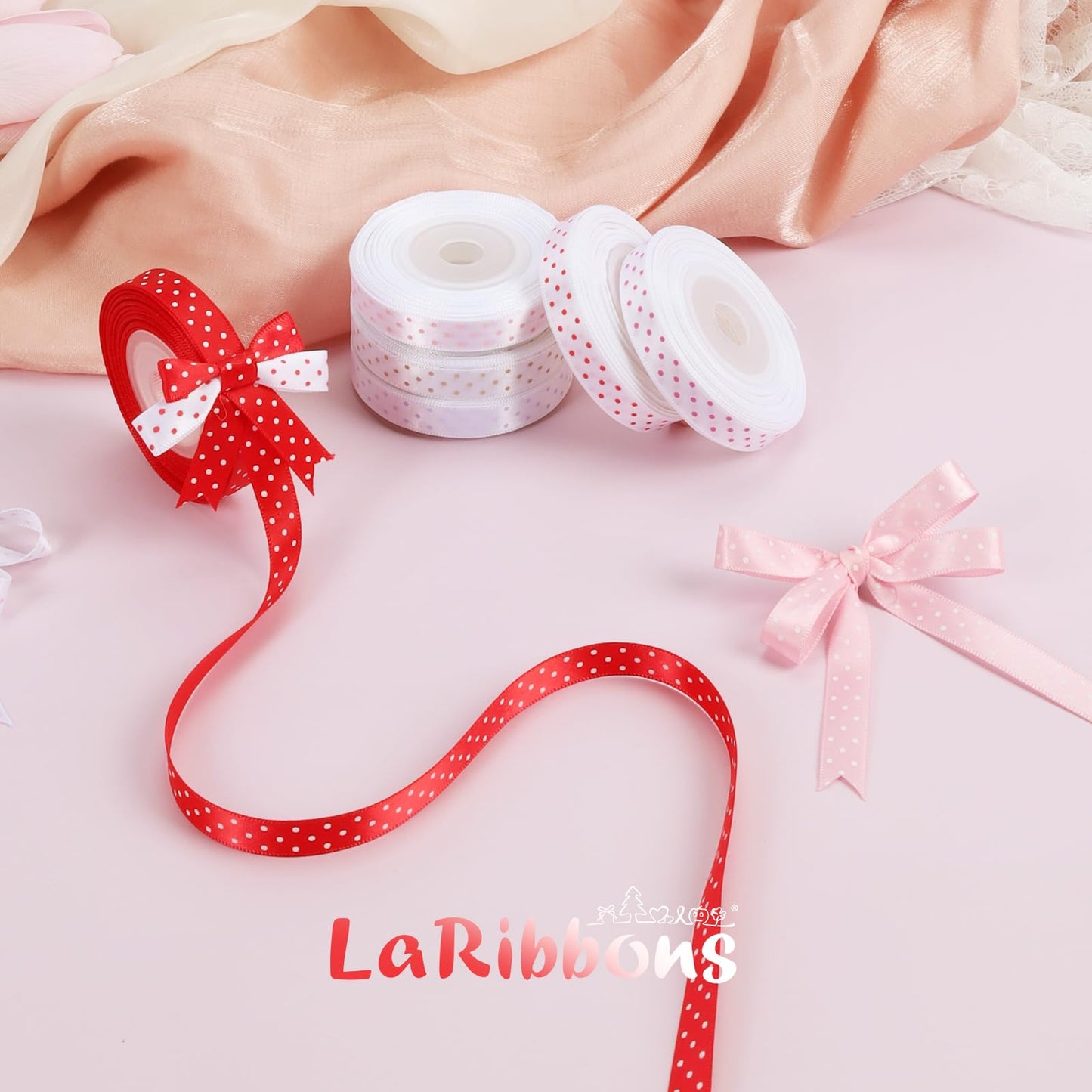 LaRibbons Polka Dot Satin Ribbon Variety Pack 100 Yards, 3/8" X 10 Yards/Roll Hot Pink Red Purple Khaki Assorted Ribbons for Crafts, Valentines, Gift Wrapping, Hair Bows