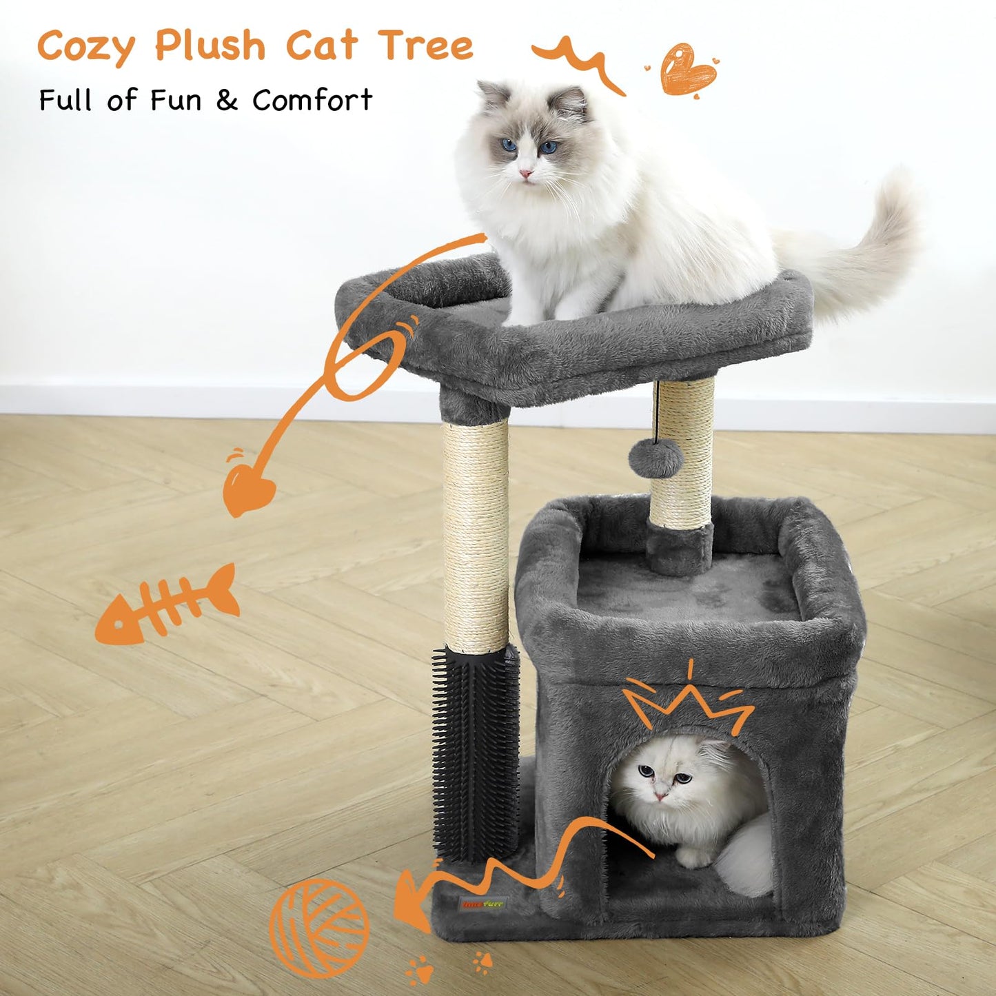 Innsfurr Small Cat Tree for Indoor Cats, Cat Tower with Scratching Posts for Multiple Cats, Plush Cozy Perch, Cat Massage Brush, Activity Hanging Pompoms, Dark Grey