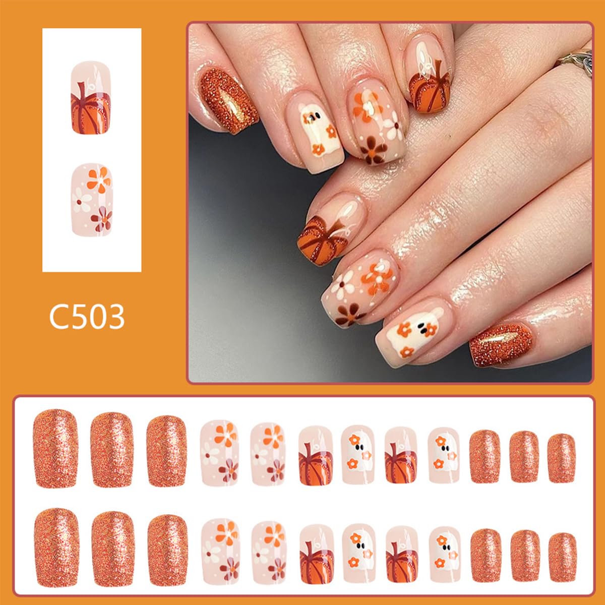 24Pcs Halloween Press on Nails Medium Square Cute Ghost Fake Nails with Flower Pumpkin Designs Glue on Nails Fall Glitter Halloween Nails Full Cover Artificial False Nails for Women Decoration 24Pcs