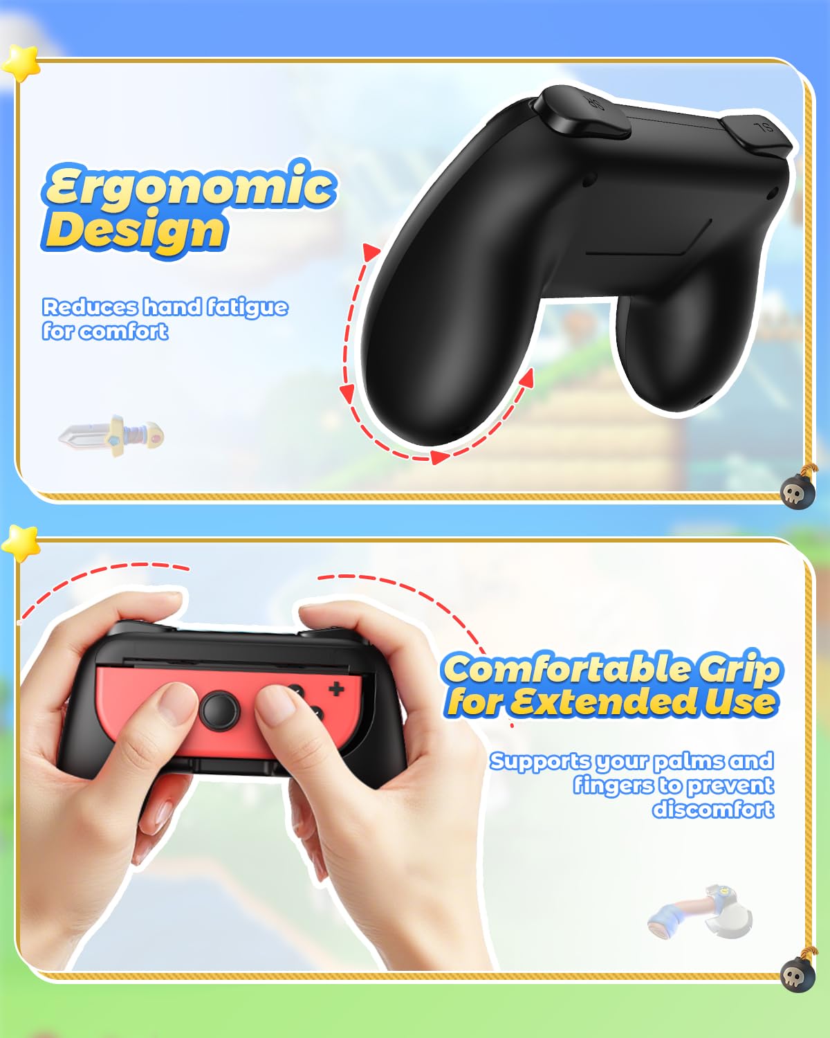 FYOUNG Hand Grips for Switch and Switch OLED Model Controllers, Grip for Switch for Joy Con - Black(2 Packs)