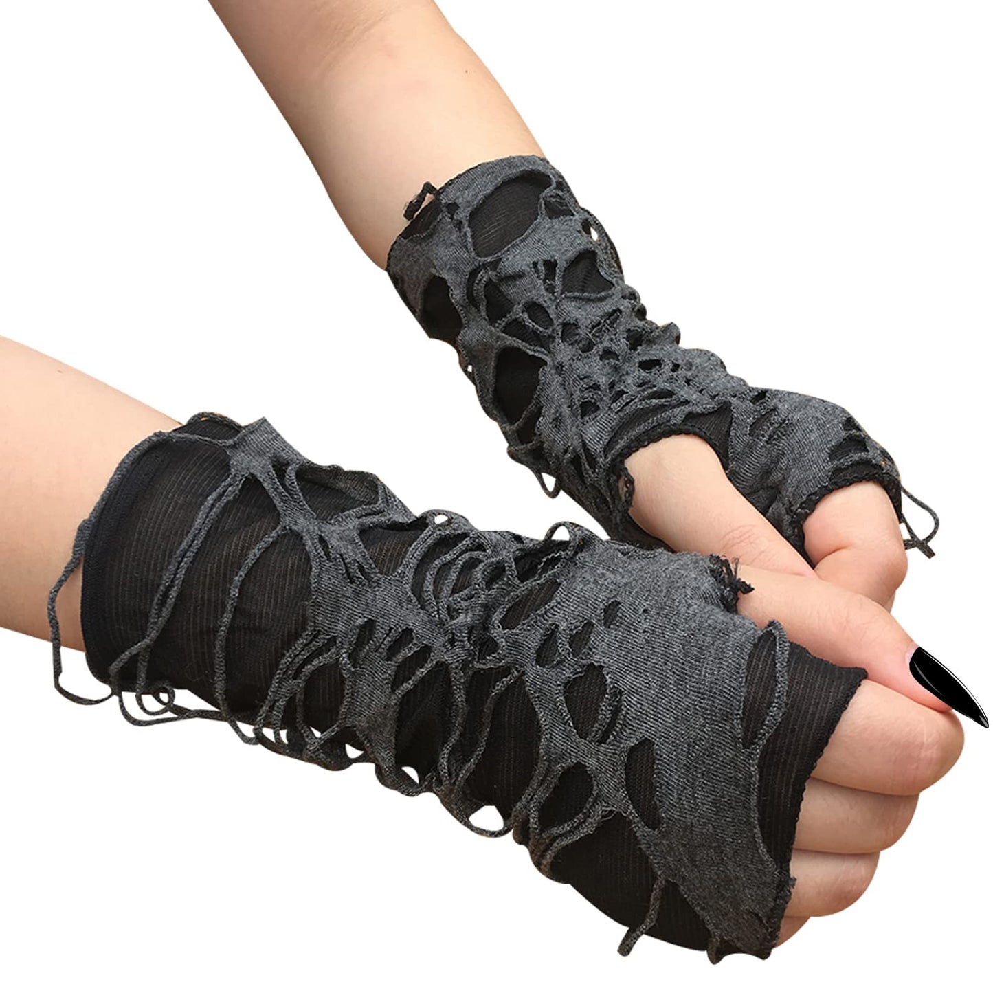 JISEN Women Punk Fingerless Gloves Ripped Cosplay Gothic Mittens for Halloween Costume Party E-Black