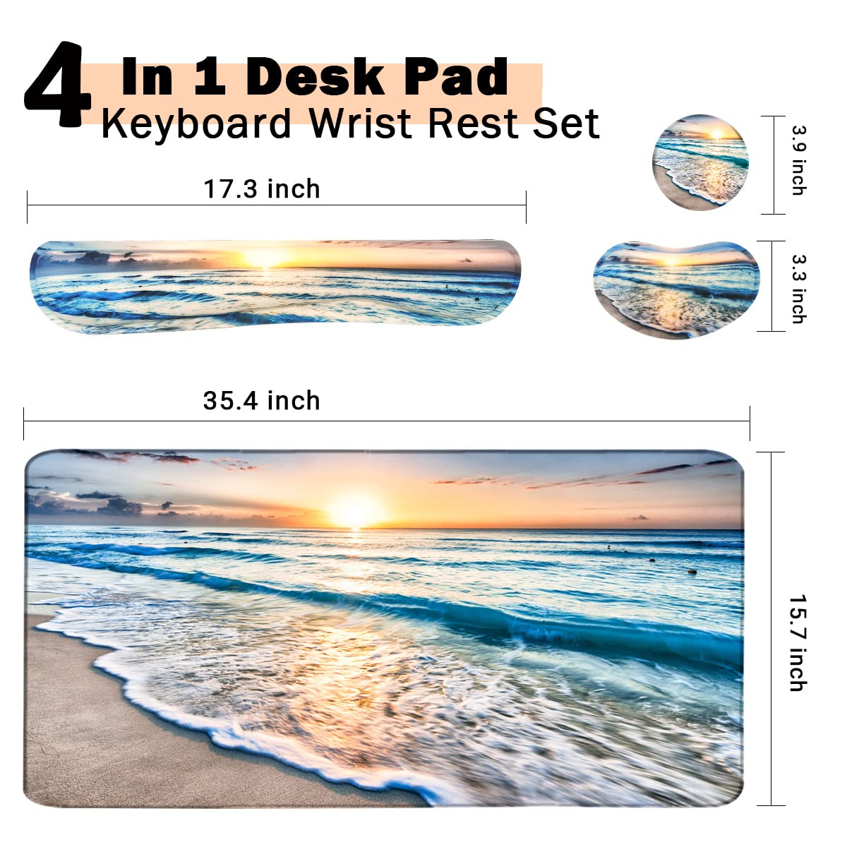4-in-1 Large Gaming Mouse Pad, Keyboard Wrist Rest Pad & Wrist Support Mousepad Set, Extended Desk Pad Waterproof Desk Mat for Home Office Study Game-Beach