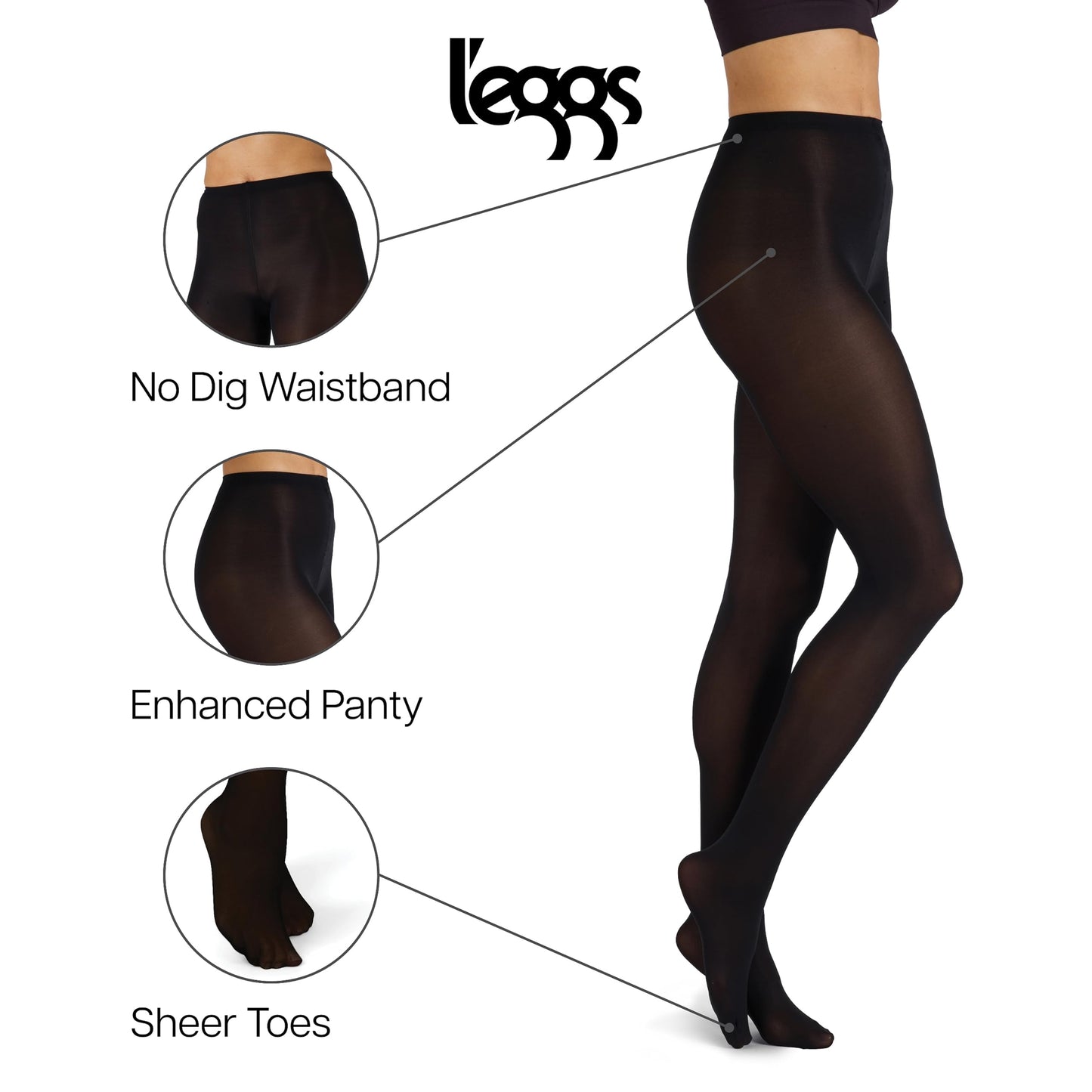 L'eggs Casual Women's Opaque Tights, Same to Waist, Sheer Toe, Black, Size Small (Pack of 1)