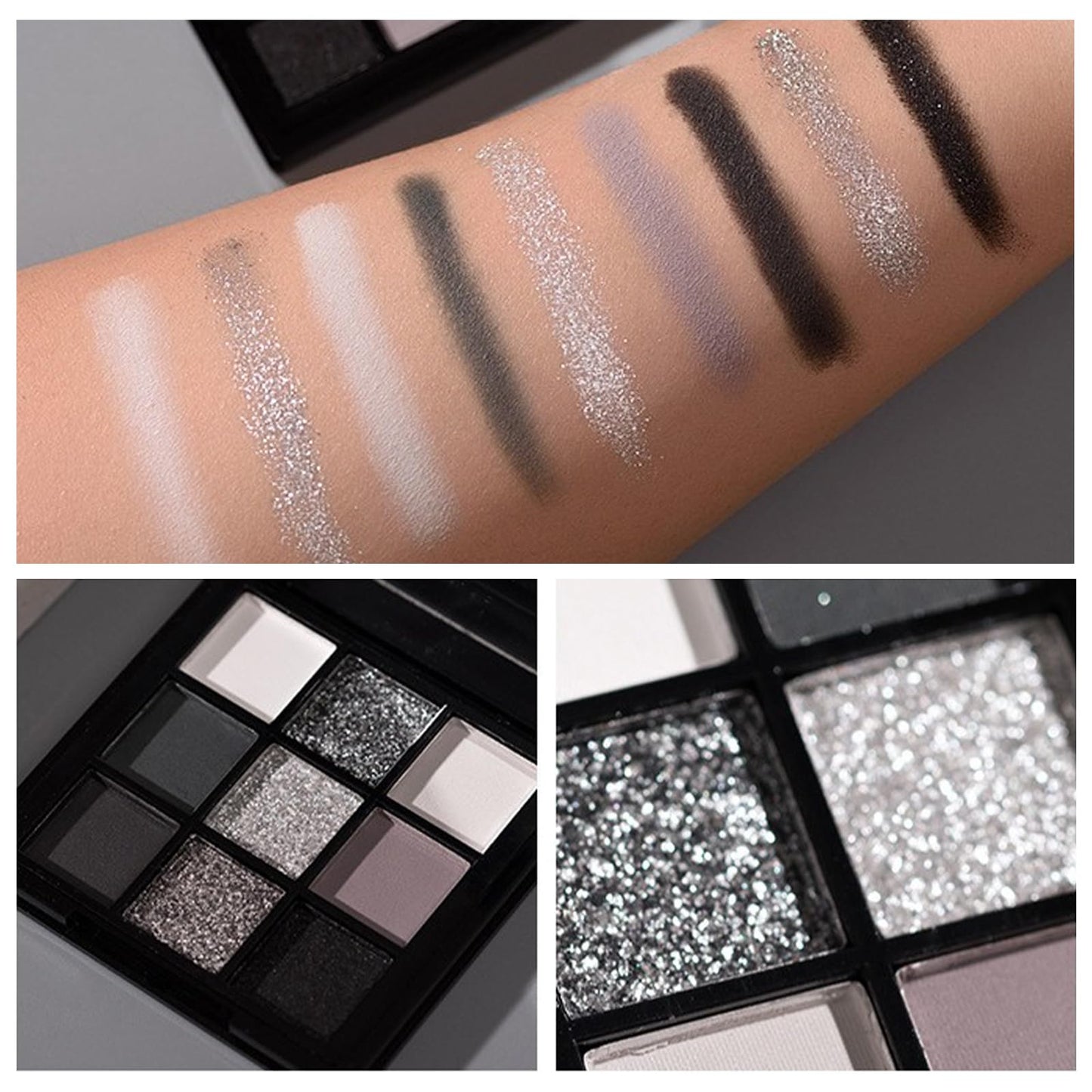 Erinde 9 Color Smokey Eyeshadow Palette, Highly Pigmented Matte & Glitter Shades,Black Silver Gray Eye Shadow Set for Halloween Makeup, Long-Lasting, Waterproof & Blendable, Reversal Star Smokey