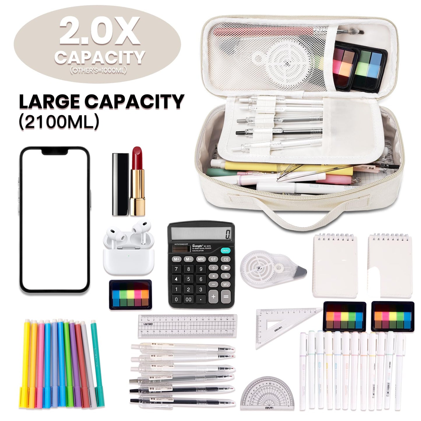 Hsmihair Big Capacity Pencil case pencil Bag Multifunctional Pencil Pouch with Compartmens, pencil box for girls boys Stationery Bag Pencil case Pouch Cosmetic 2100ML (White)