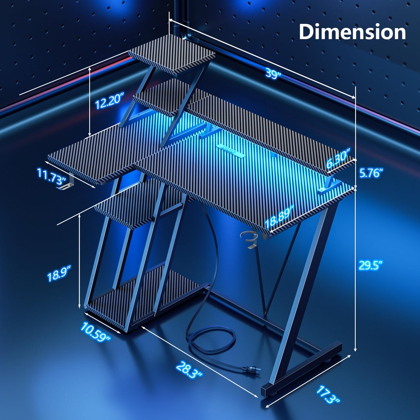 Korfile 40 Inch Gaming Desk with LED Lights & Power Outlet, Small Gaming Computer Desk with Storage Shelves, L Shaped Gamer Workstations with Monitor Stand for Bedroom, Carbon Fiber Black