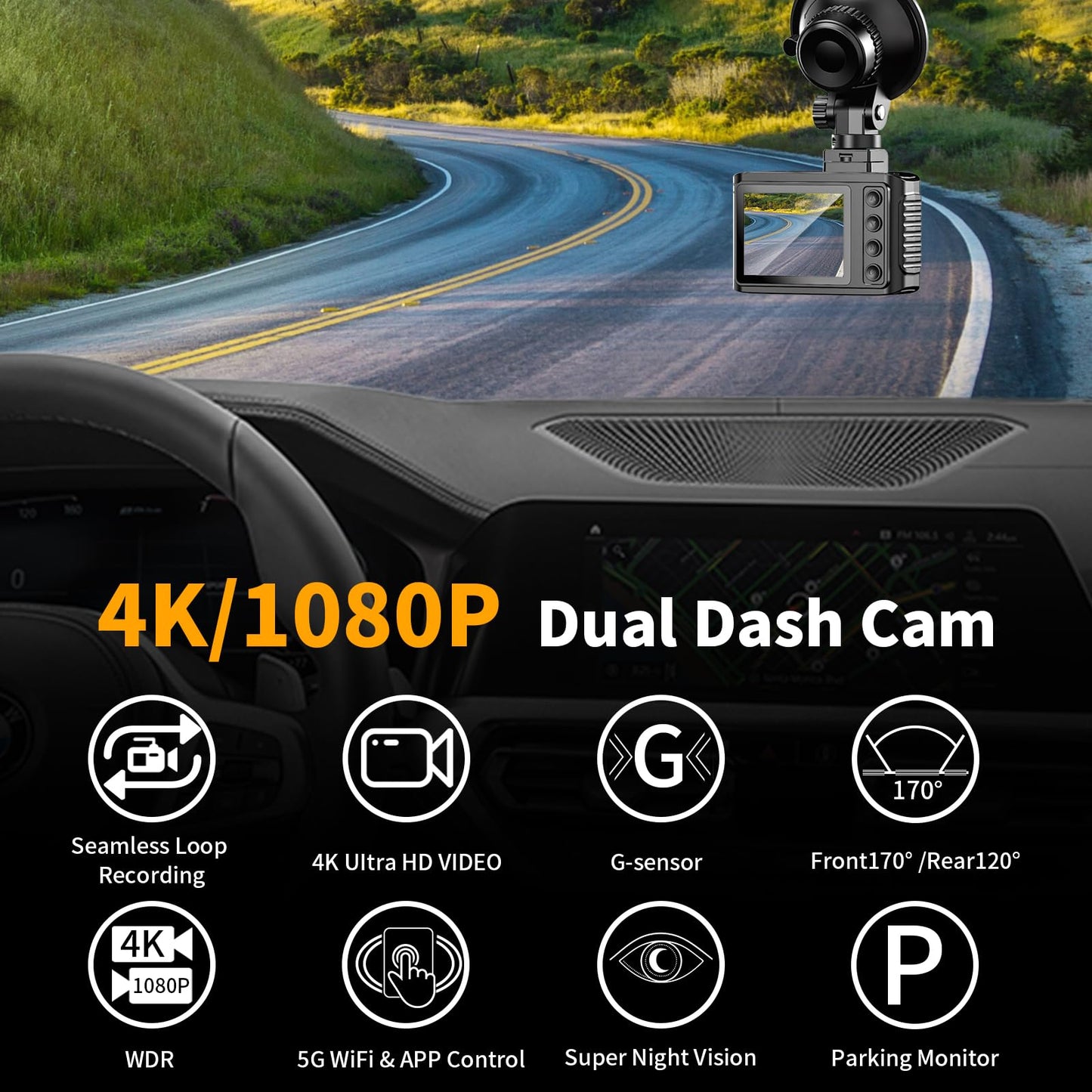Dash Cam Front and Rear: 4K Dual Channel Dash Cam - 5GHz WiFi, Dash Camera for Cars with 64GB Card, 2.0" IPS Screen, App Control, G-Sensor, Loop Recording, 170° Wide Angle, Night Vision, Parking Mode