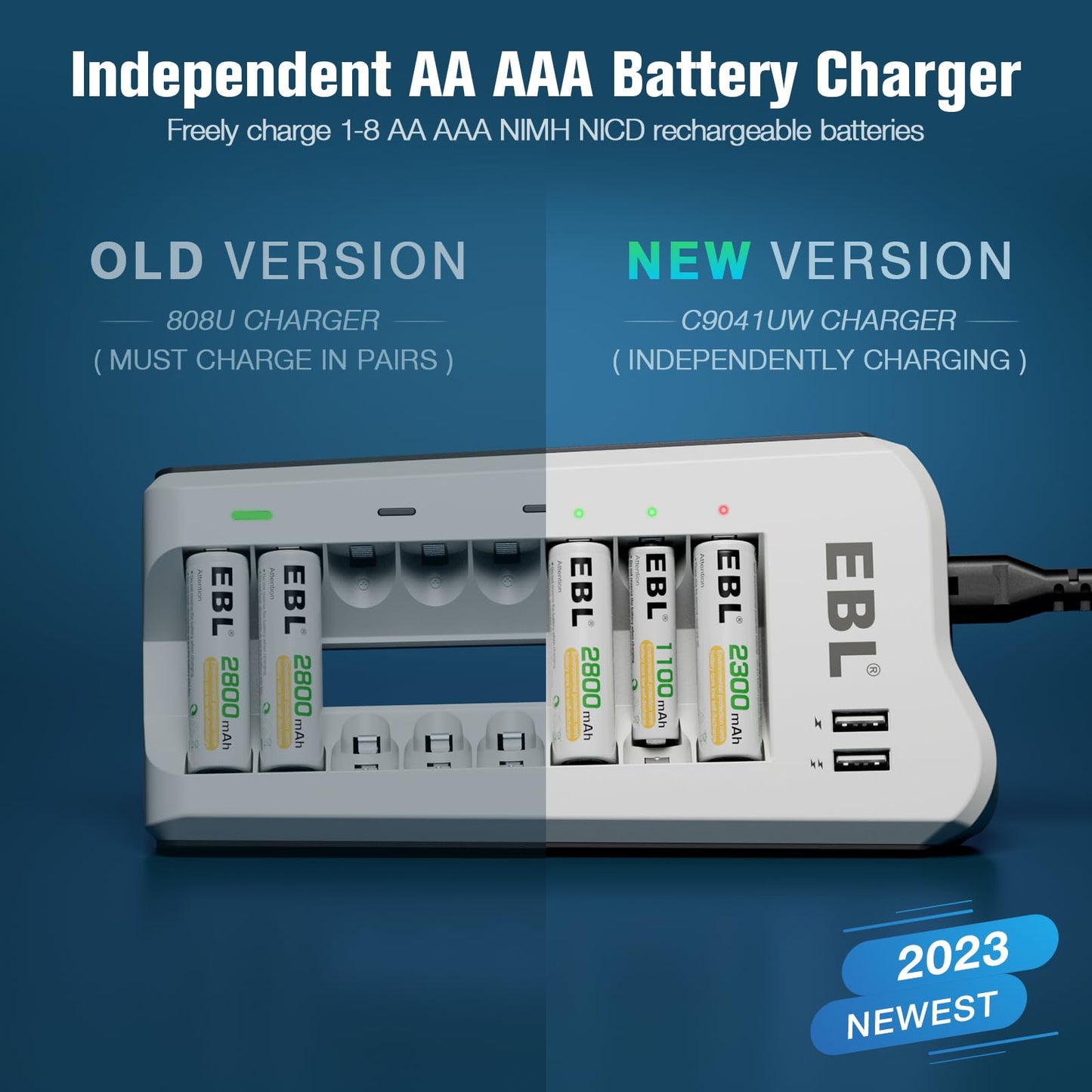 EBL 2300mAh Ni-MH AA Rechargeable Batteries (16 Pack) and Rechargeable AA AAA Battery Charger with 2 USB Charging Ports
