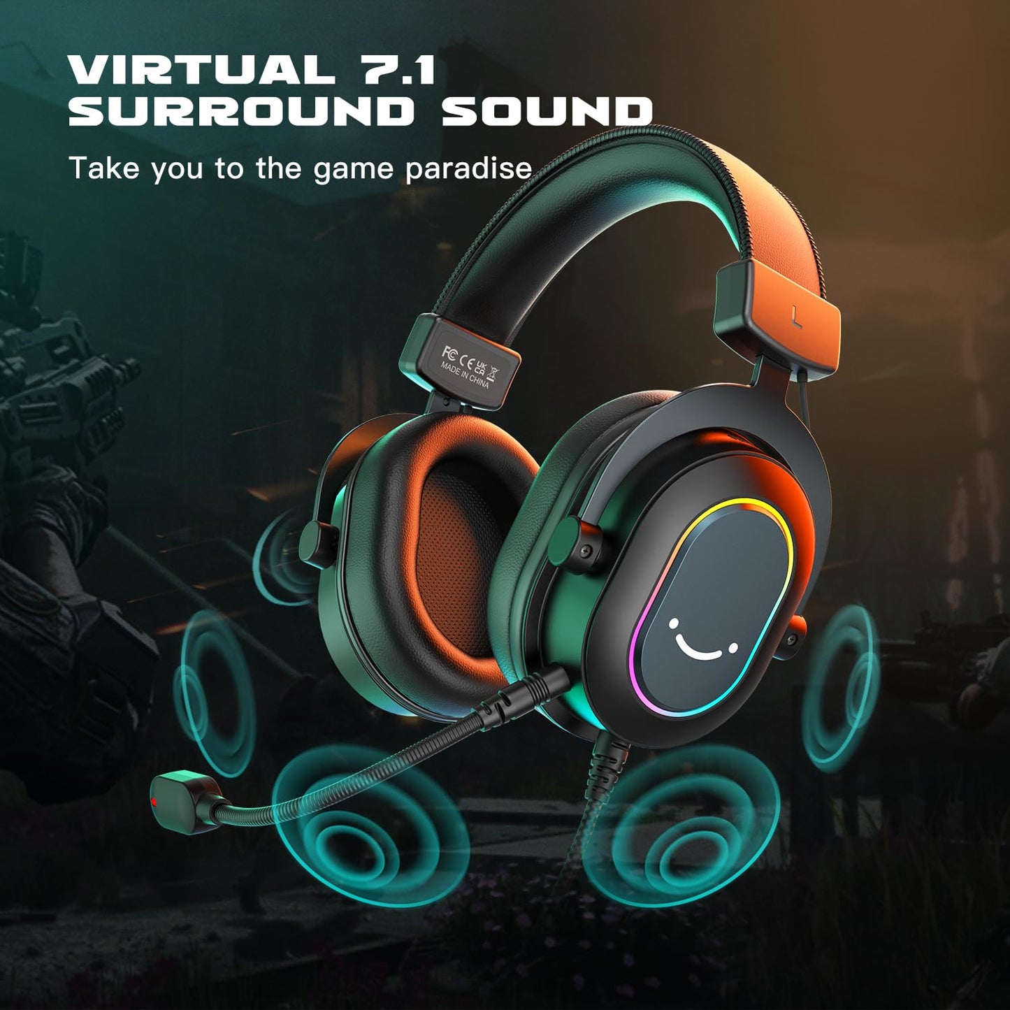 FIFINE Gaming Headset for PC-Wired Headphones with Microphone-7.1 Surround Sound Computer USB Headset for Laptop, Streaming Headphones on PS4/PS5, with EQ Mode, RGB, Soft Ear Pads - AmpliGame H6