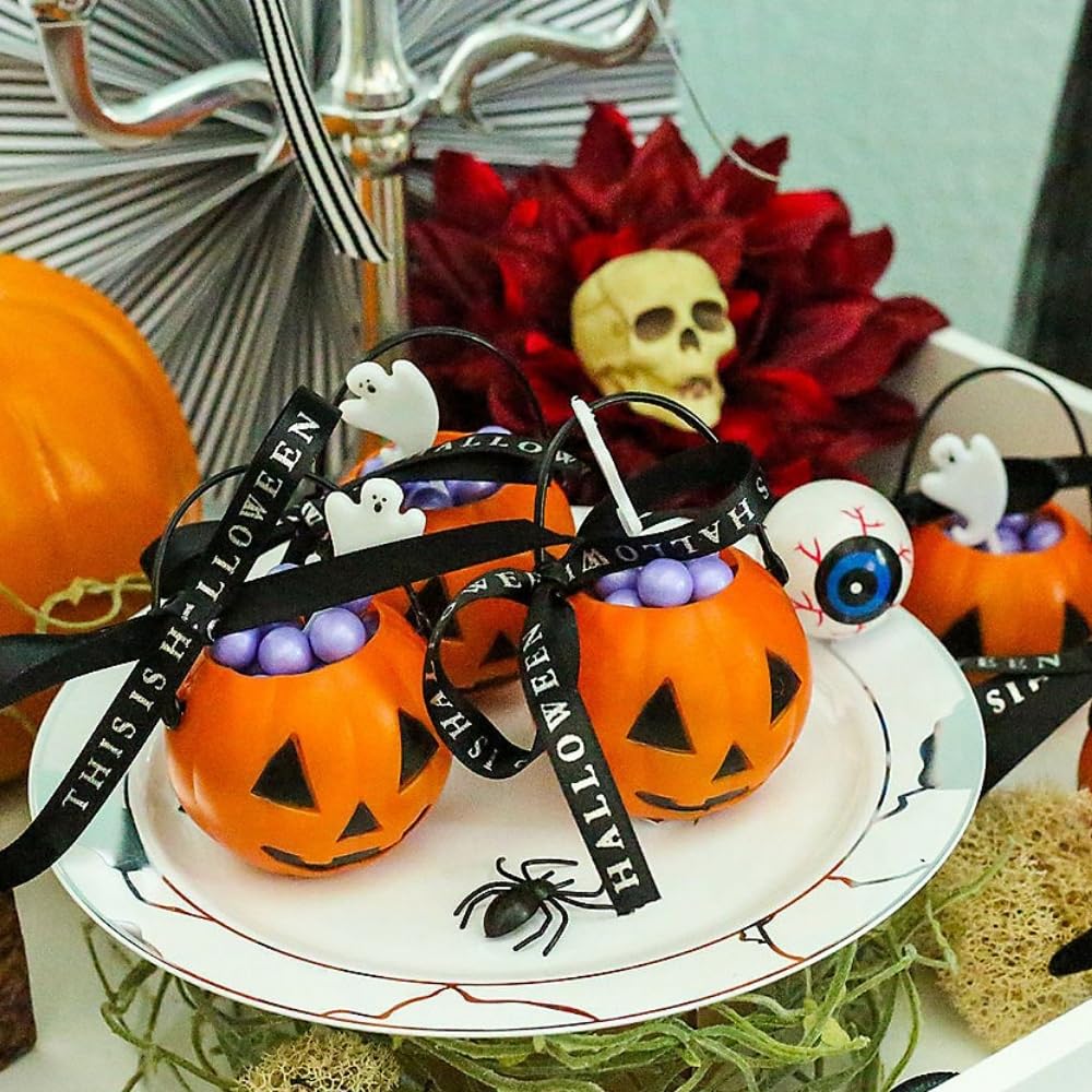 Fun Express Set of 12 Pieces Mini Plastic Pumpkin Buckets, BPA Free Plastic, Halloween Party Supplies, Orange & Black